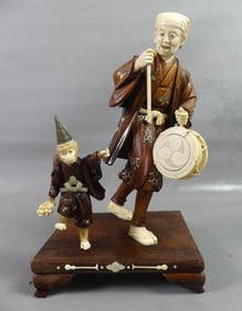 JAPANESE CARVED WOOD & BONE FIGURE & MONKEY