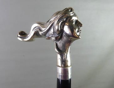 ART NOUVEAU SILVER CANE - WOMAN'S HEAD
