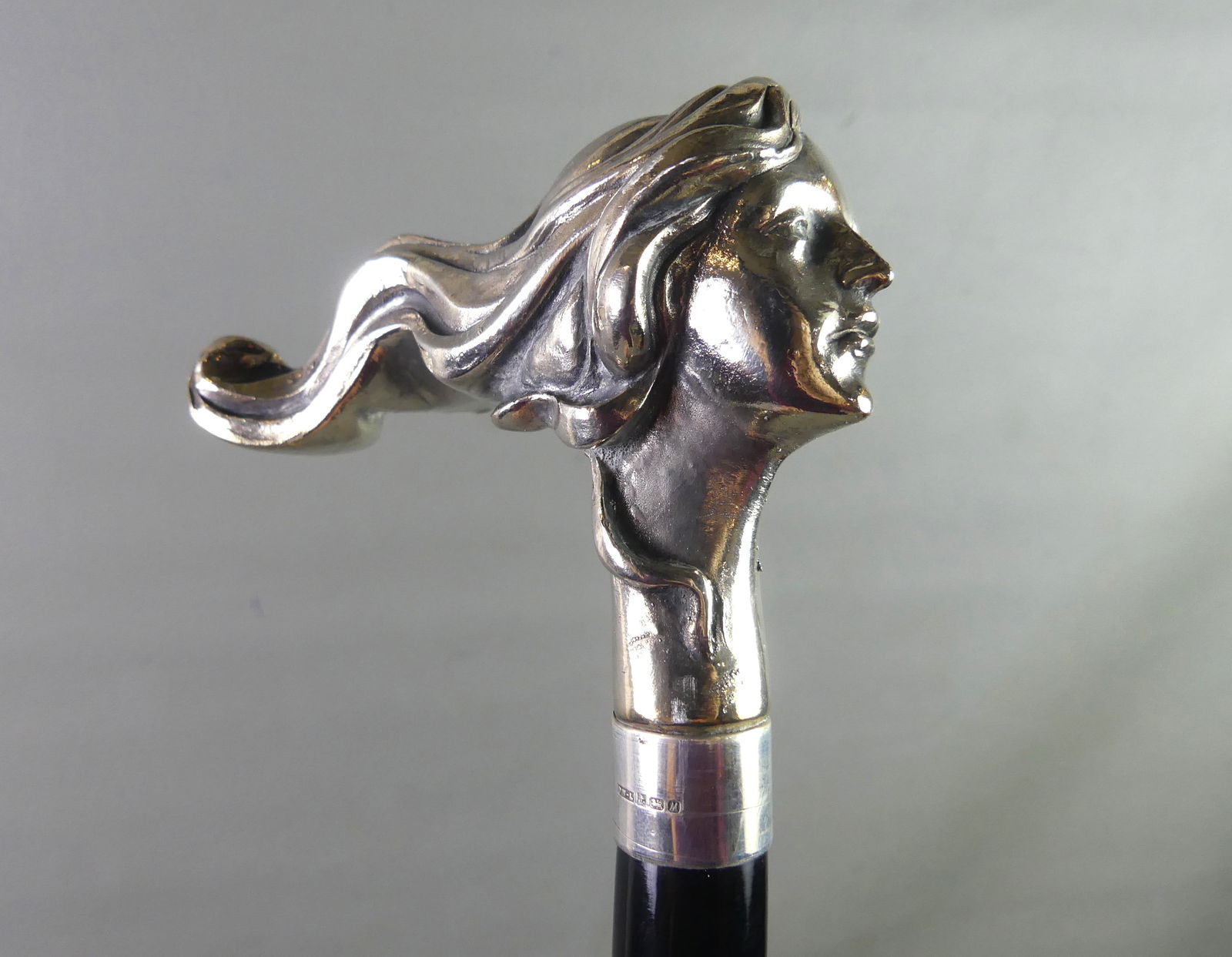 ART NOUVEAU SILVER CANE - WOMAN'S HEAD (1 of 4)