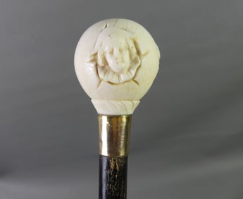 ANTIQUE CARVED BONE CANE - 3 JESTERS
