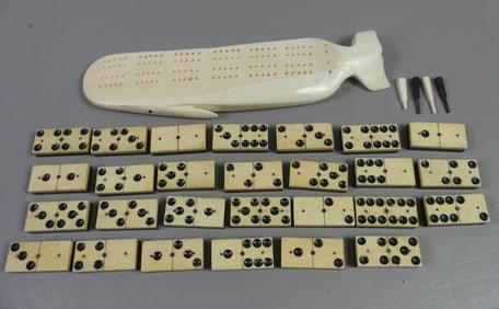INUIT WHALE CRIBBAGE BOARD & DOMINOES