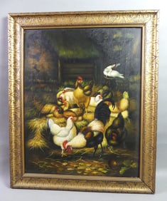 BARNYARD PAINTING SIGNED HUNT