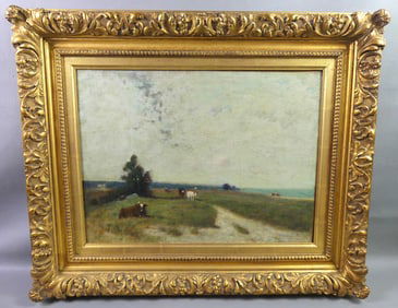 C. FISKE PAINTING - COWS NEAR OCEAN