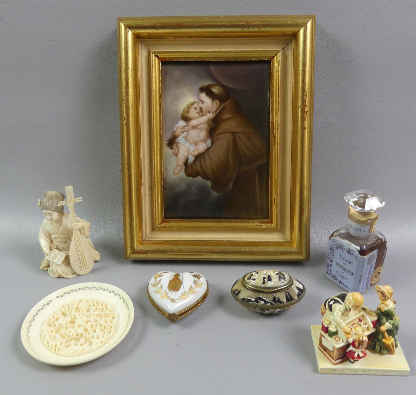 ASSORTED ESTATE LOT & PORCELAIN PLAQUE: Lot of assorted estate items: Antique German painted porcelain plaque of a monk and baby, 6 x 4 in, framed 9 x 7 inches overall; fine ovoid brass mounted shell trinket box, 2.5 in; French painted
