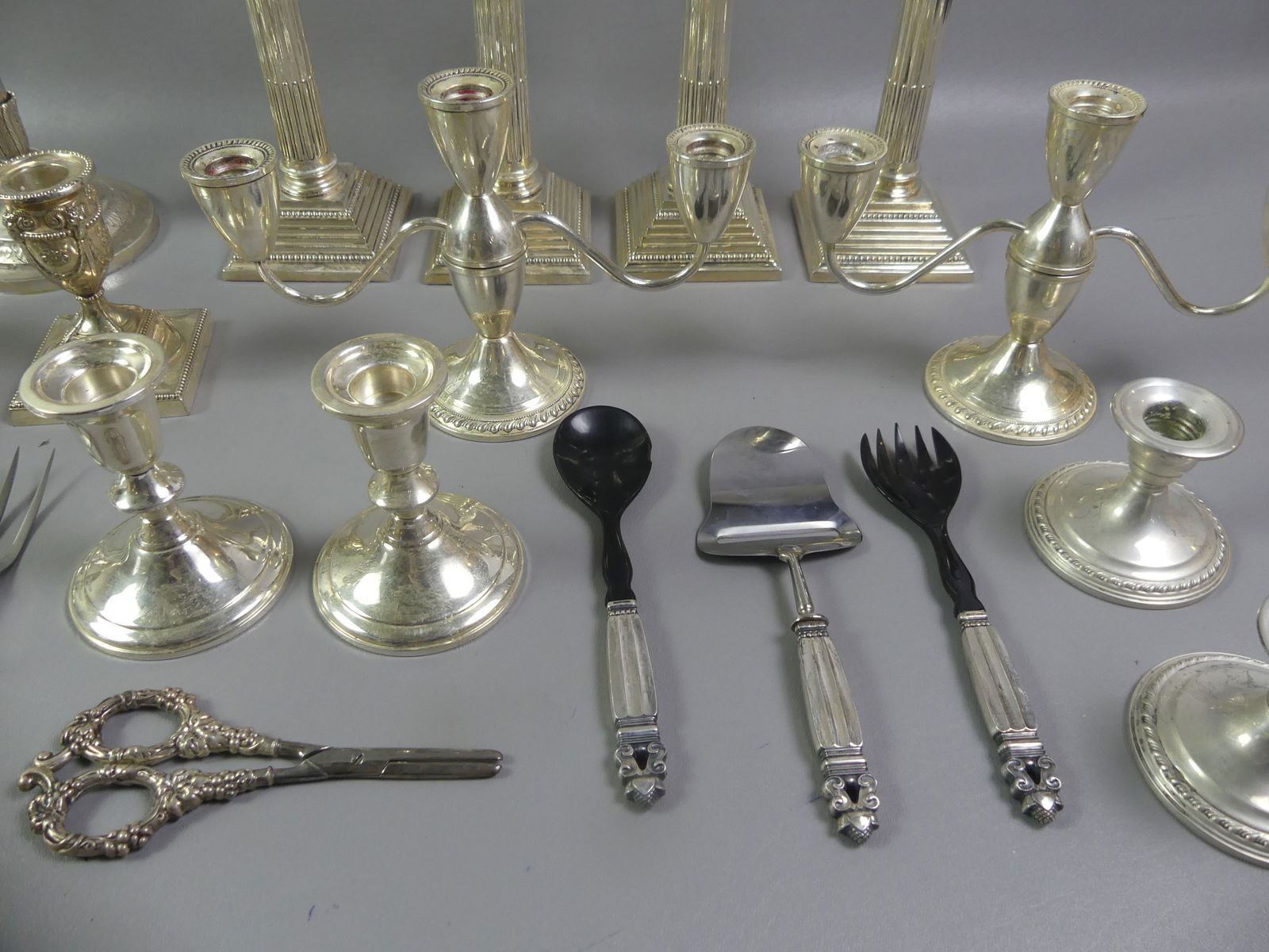 STERLING & PLATED CANDLESTICKS & FLATWARE - 3