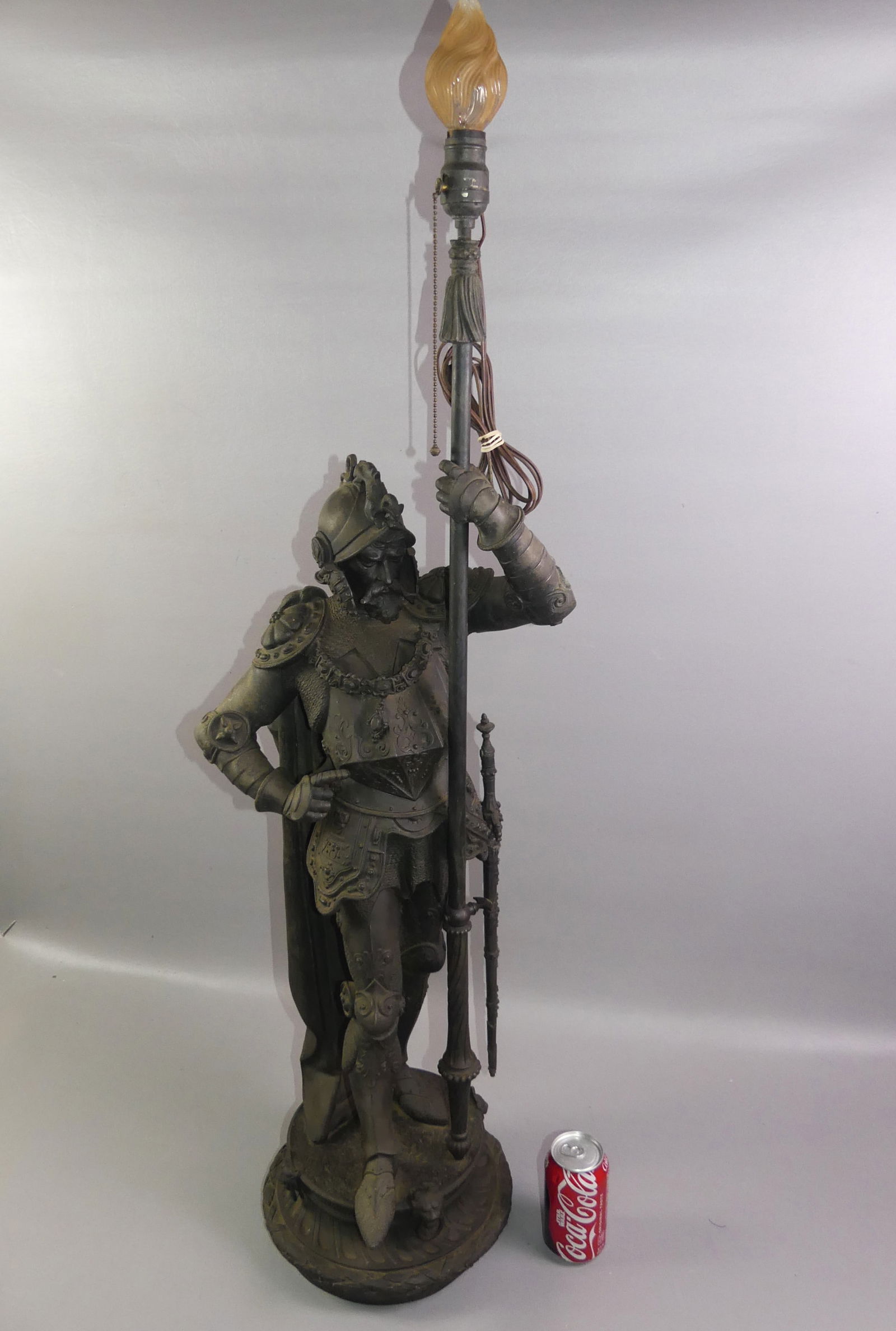FRENCH SPELTER NEWELL POST LAMP - KNIGHT: Circa 1900 large French spelter figural newell post / electric lamp in the form of a knight. 42 in tall (not including bulb) and 8 in diameter on base. Good condition, unsigned. NOTE: We can ship