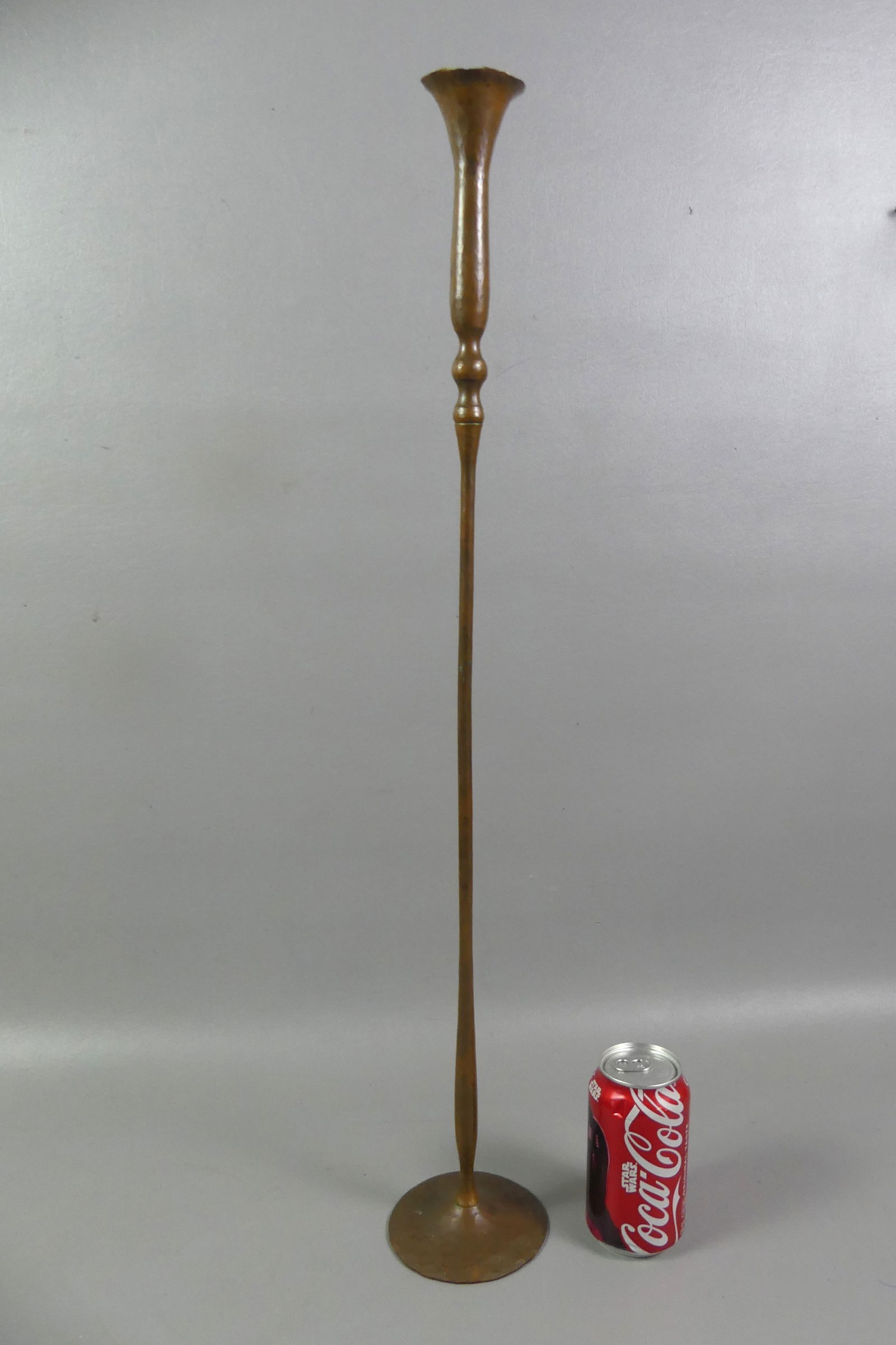 HESSEL STUDIOS A&C TALL CANDLESTICK: Tall vintage hand hammered copper Arts & Crafts candlestick stamped Hessel Studios. 27 in tall, base is 4.5 in. NOTE: Hessel Studios is the creative work of Gregg Hessel and Lisa Thurmond. Their