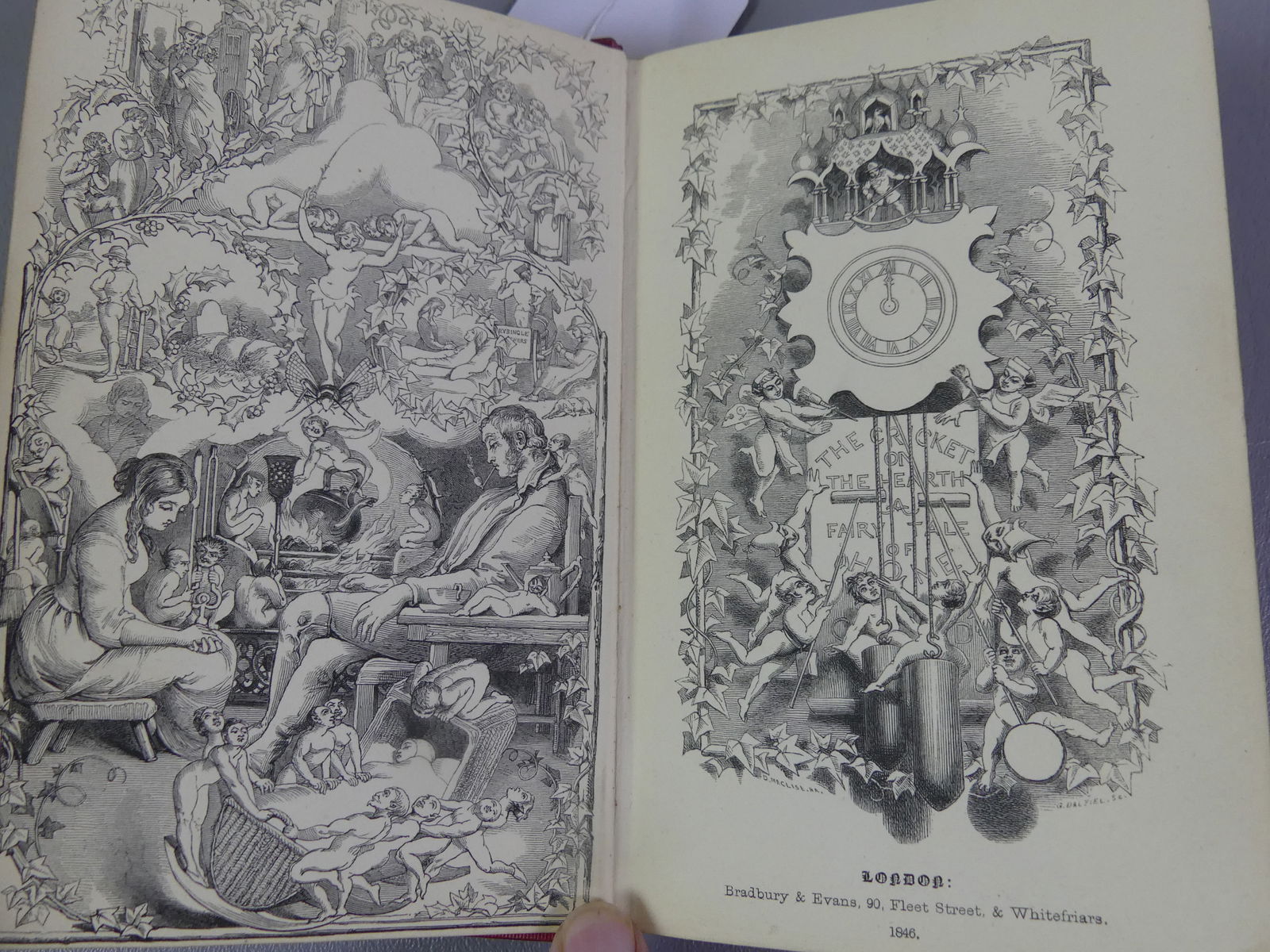 CRICKET ON THE HEARTH BOOK BY DICKENS: Scarce first edition hardcover book by Charles Dickens --The Cricket on the Hearth. Published London 1845 by Bradbury and Evans. 6.75 x 4.5 inches. Good overall condition with loose spine cover.