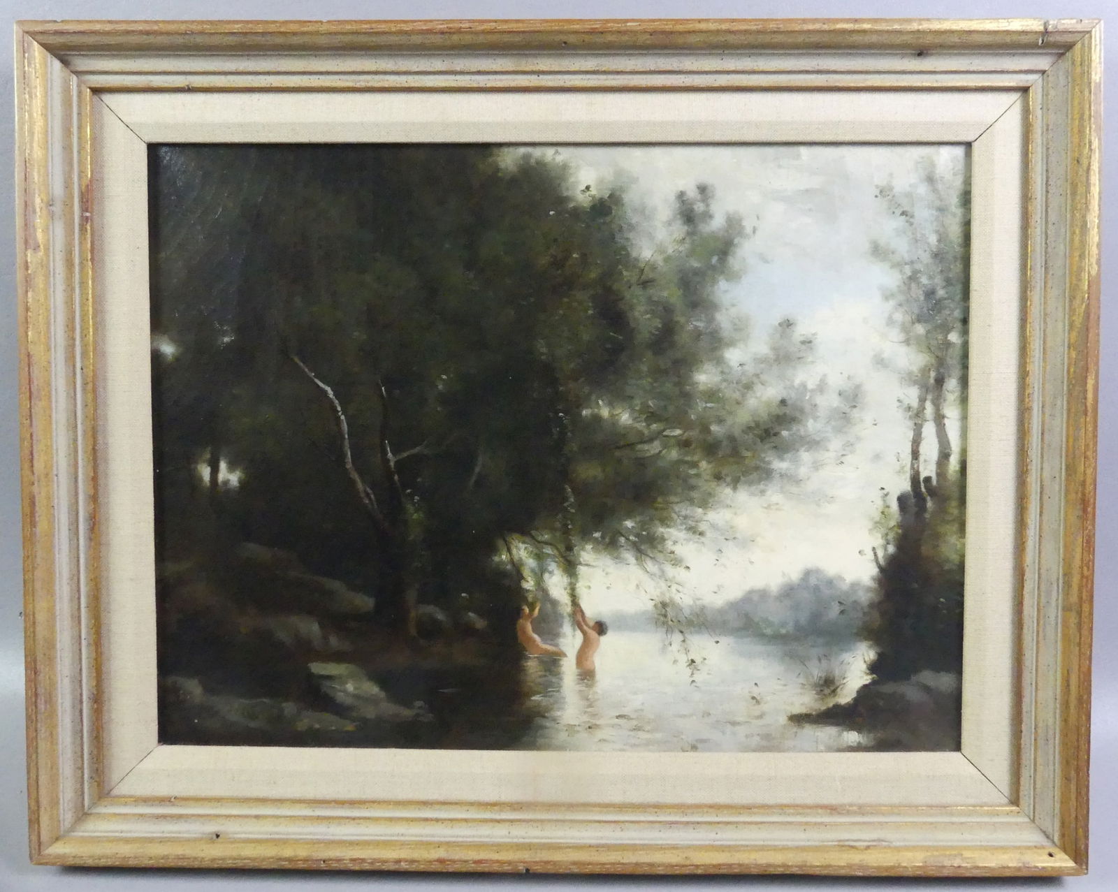 SCHOOL OF COROT OIL PAINTING - BATHERS: 19th century oil painting on canvas, landscape scene with 2 nude bathers in pond. Signed COROT in lower left. 13.5 x 18 in, framed 17.5 x 21.5 in. Excellent condition, no repairs or inpainting under