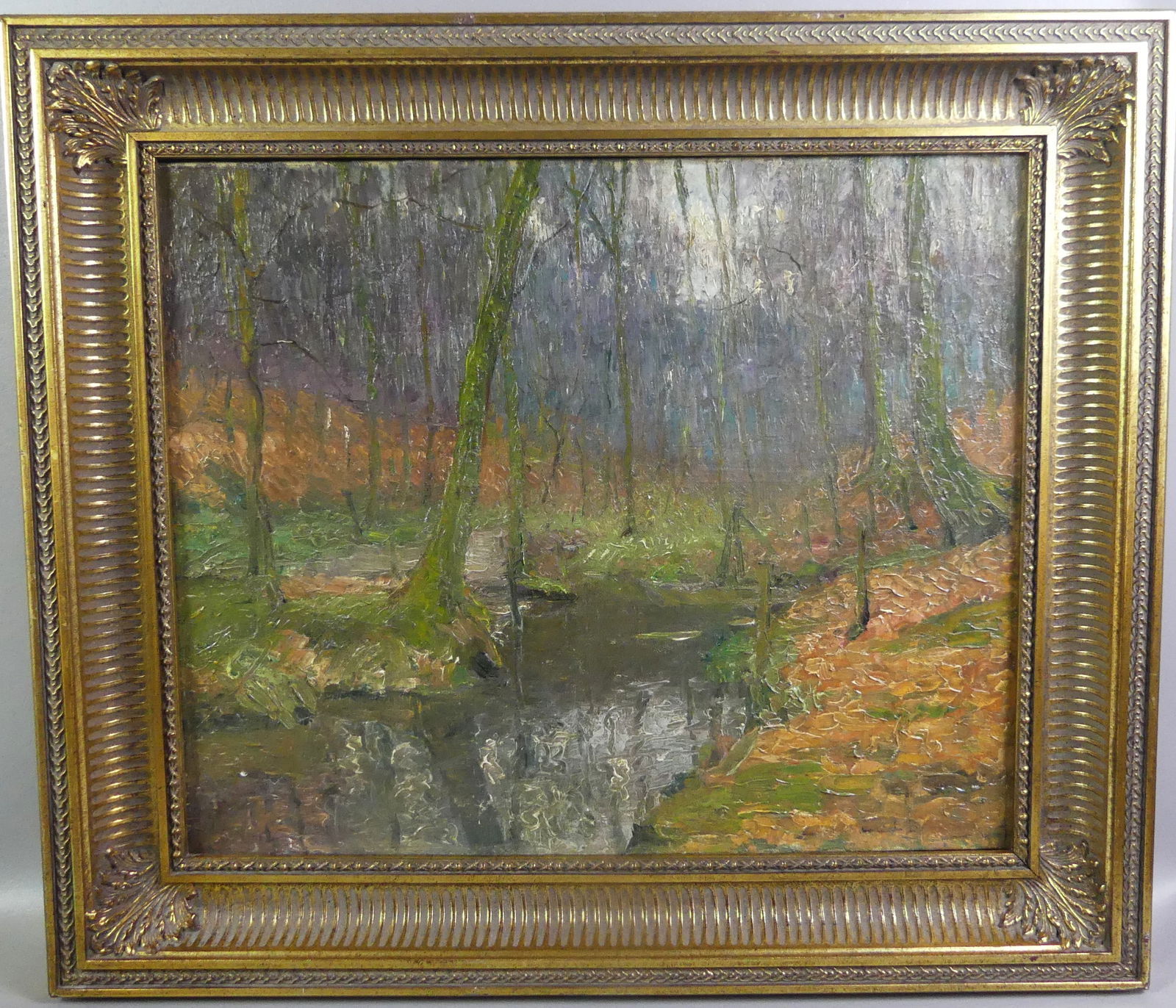 JOHN L. BRECK - IMPRESSIONIST LANDSCAPE PAINTING: Fine impressionist oil painting on canvas of an autumn landscape with stream, signed indistinctly in lower right and also verso - John Leslie Breck. Purportedly the scene is the river Epte in