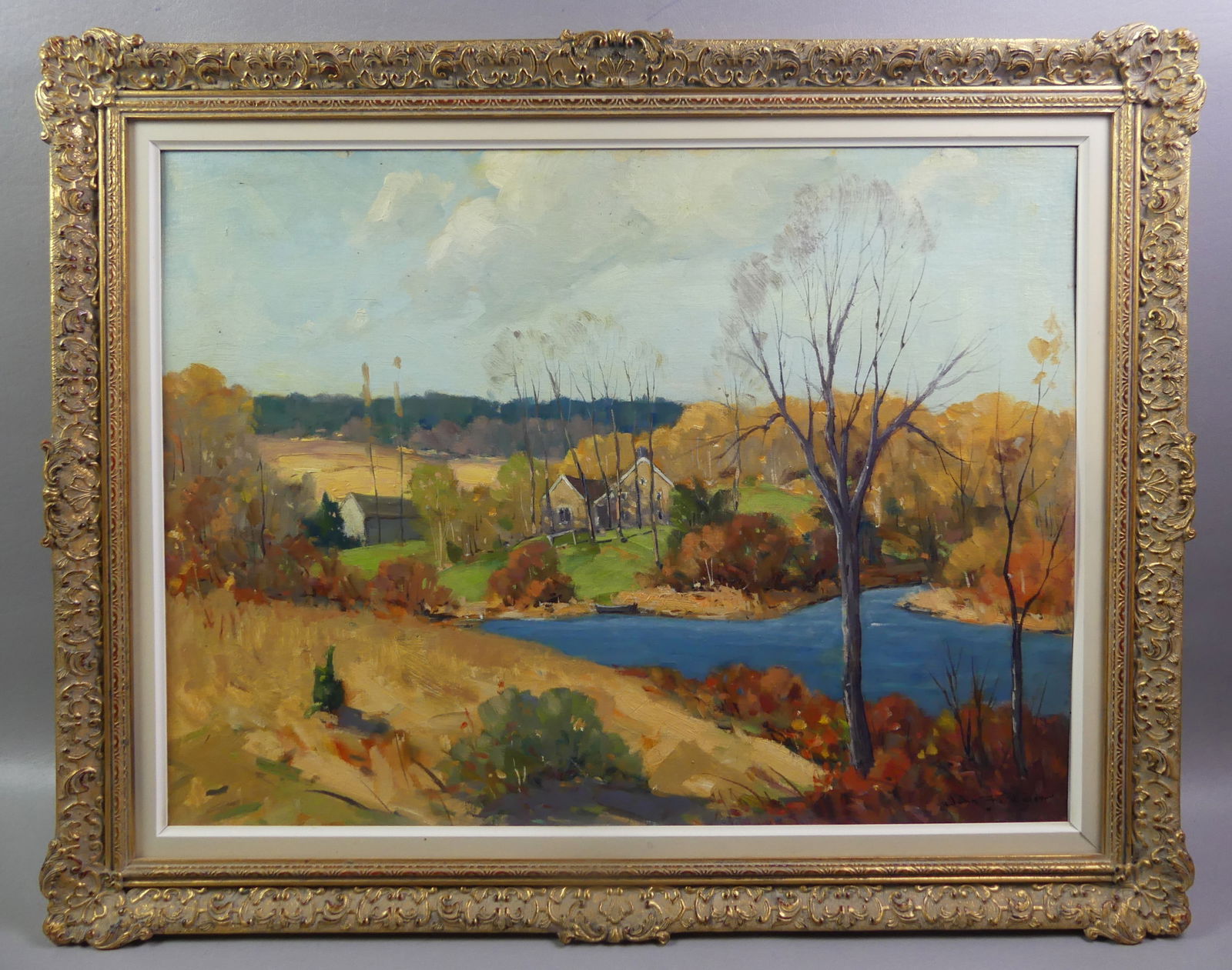 JOHN F. ENSER CAPE COD LANDSCAPE PAINTING: Oil painting on board of an autumn landscape with farmhouse signed John F. Enser. Titled verso -- Sandwich on Cape Cod. 18 x 24 in, framed 23 x 29 in. (John Enser 1898-1968 was a MA and NY painter