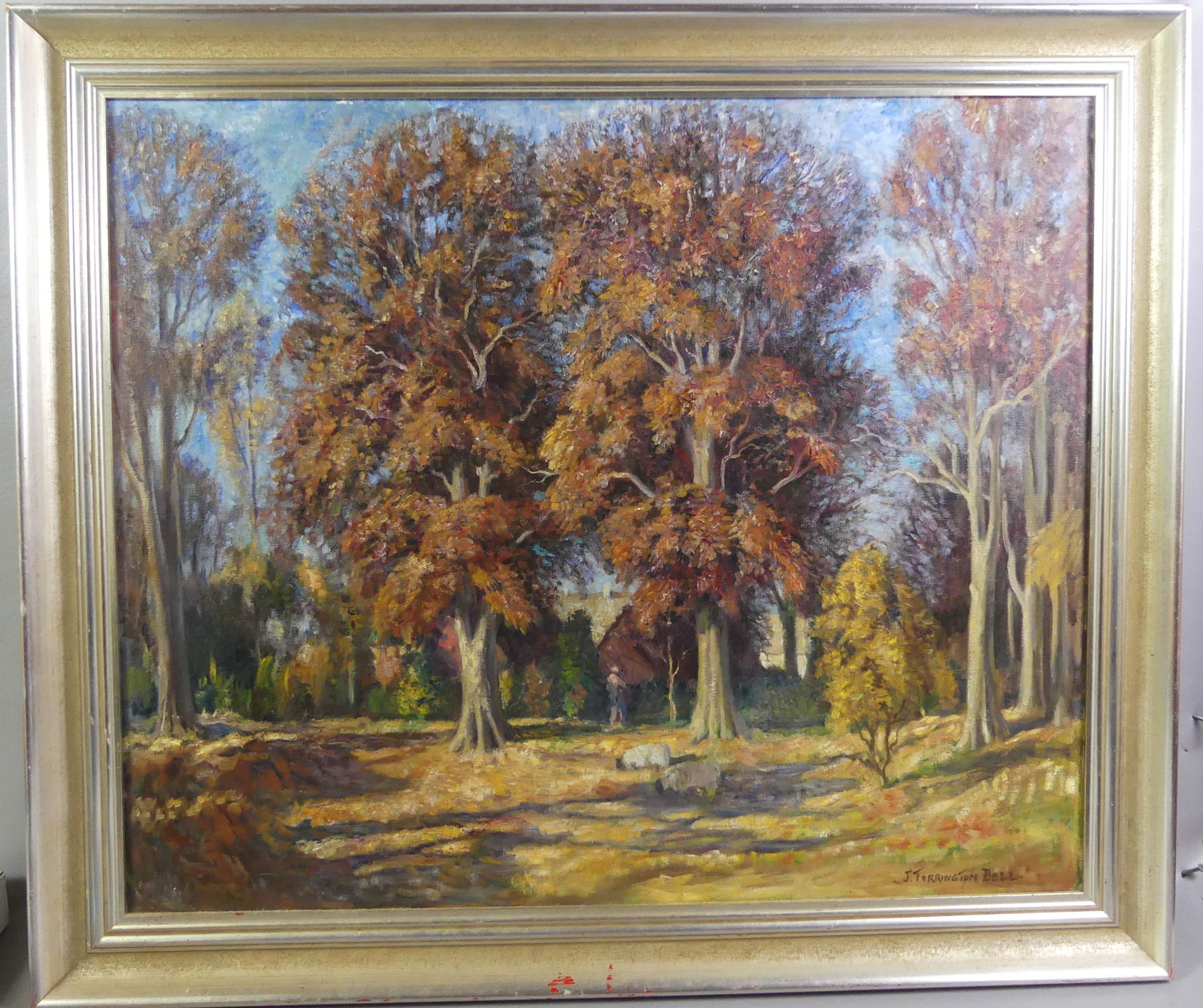 J. TORRINGTON BELL LANDSCAPE PAINTING: Oil painting on canvas of an autumn landscape with figure signed J. Torrington Bell. 25 x 30 in, framed 29.5 x 35 in. (JT Bell was a Scottish artist 1898-1970).