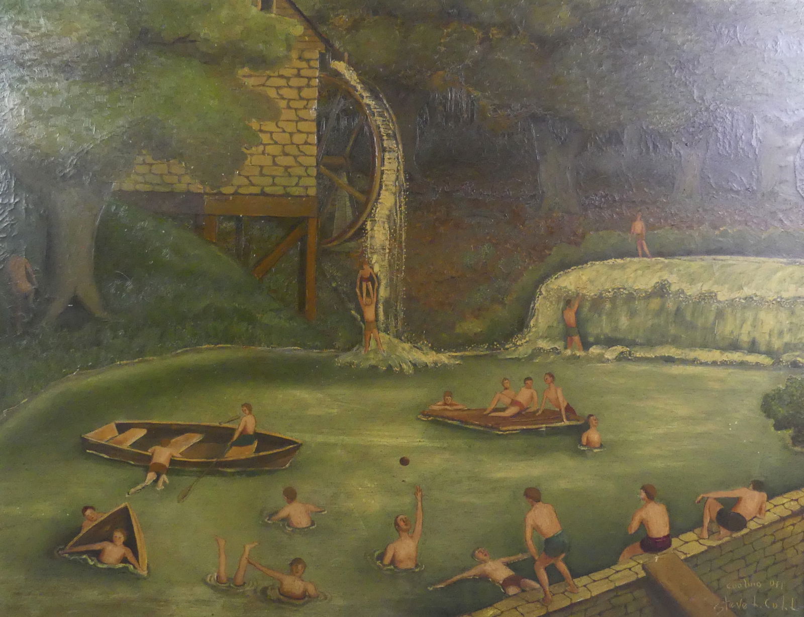 STEVE CULL PAINTING - SWIMMERS AT MILL: Oil painting on canvas depicting 21 male figures swimming in pond beside old mill. Signed Steve L. Cull, back titled COOLING OFF. Size: 27.5 x 36 in unframed. (Steve Cull was a Kentucky artist