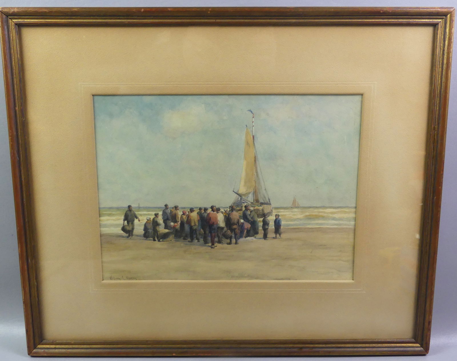 WILLIAM NORTON BEACH SCENE PAINTING: Antique watercolor painting depicting a group of figures on beach unloading the day's catch from a boat, signed Wm. E. Norton. 11.5 x 15.5 in, framed 21 x 25 in. (William Edward Norton 1843-1916 was