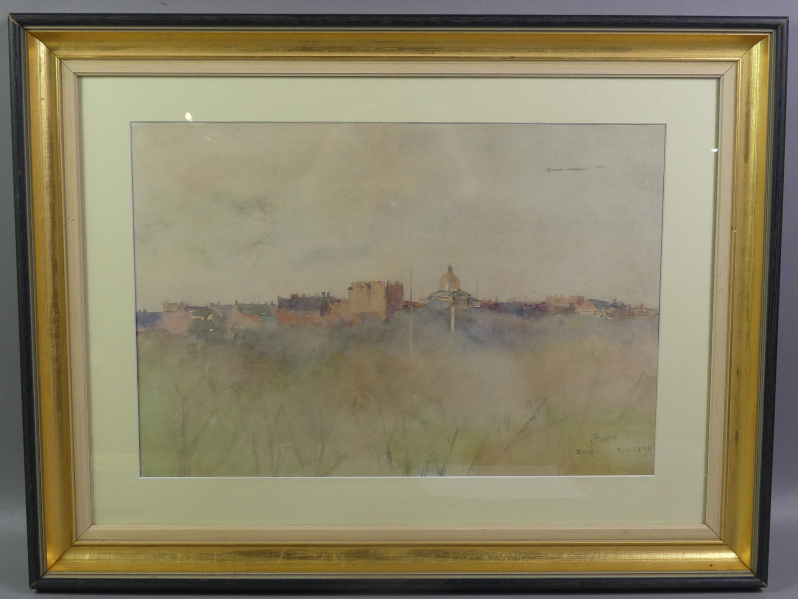 PANORAMIC PAINTING OF BOSTON 1890 - SIGNED: Antique watercolor painting of the Boston skyline with the State House in distance, signed indistinctly and dated 1890. 12.5 x 18 in, framed 20 x 26. One discolored scratch in sky area. NOTE: We can