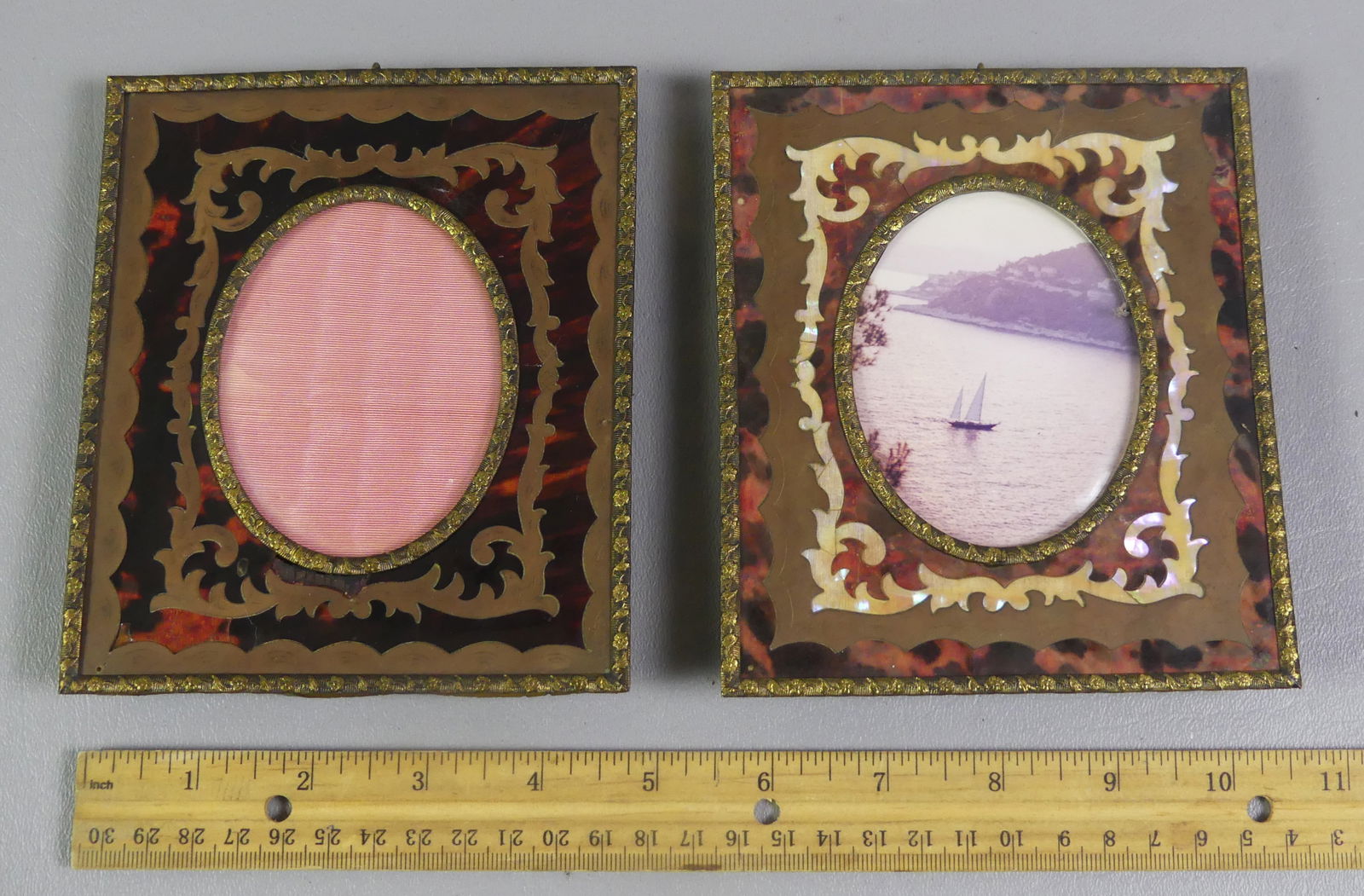 PAIR FRENCH BOULLE PICTURE FRAMES: Pair of 19th century French boulle picture frames with easel back. Brass, shell and abalone inlays. Each 5.5 x 4.75 inches, opening size 3 x 2.5 in. Both good condition. NOTE: We can ship this item