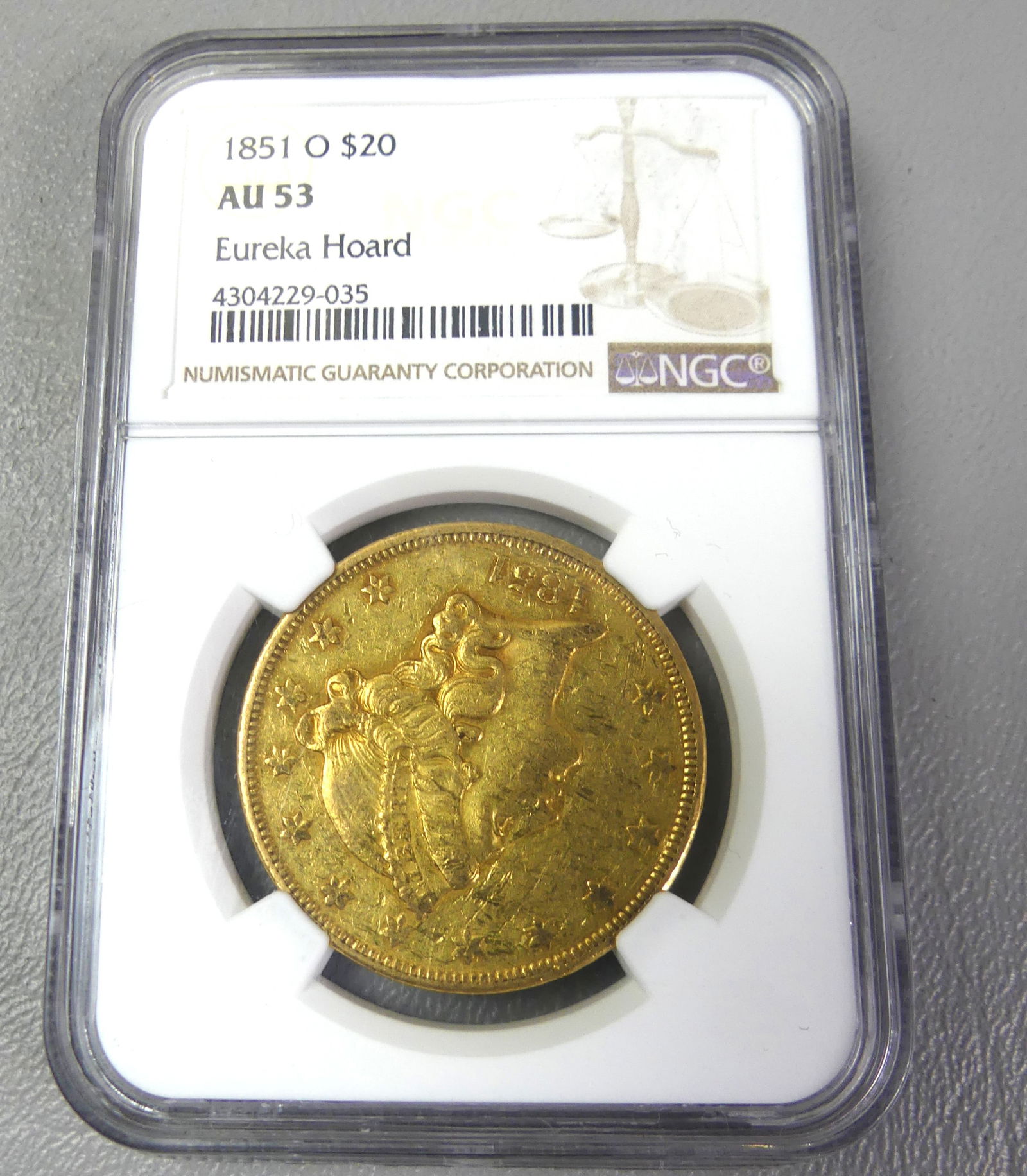 1851-O $20 GOLD COIN: 1851-O $20 Liberty Double Eagle gold coin from the Eureka Hoard, slabbed and graded by NGC with grade of AU53. NOTE: We can ship this item in-house