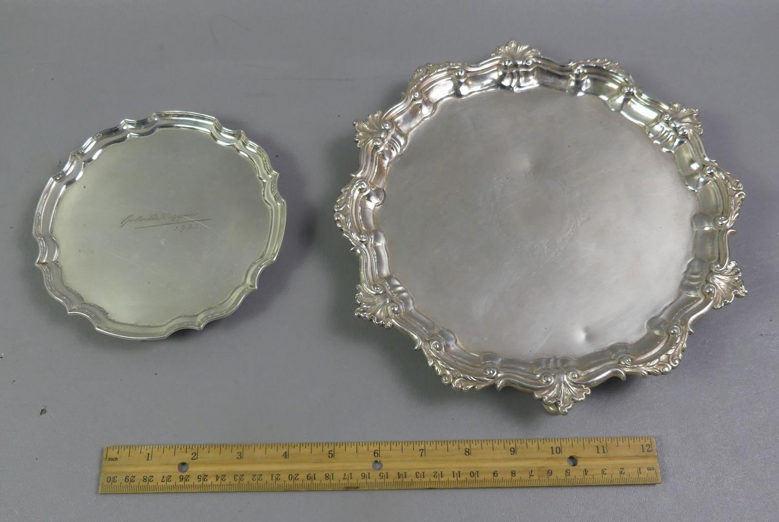 2 SILVER SALVERS - 1 BY J. RICHARDSON, PHILA: Lot of 2 sterling silver salvers: 10 in diameter with fancy rim having acanthus leaves, stamped STERLING and IR (2x) for Joseph Richardson, noted silversmith from Philadelphia, circa 1730, 17.3 ozt;