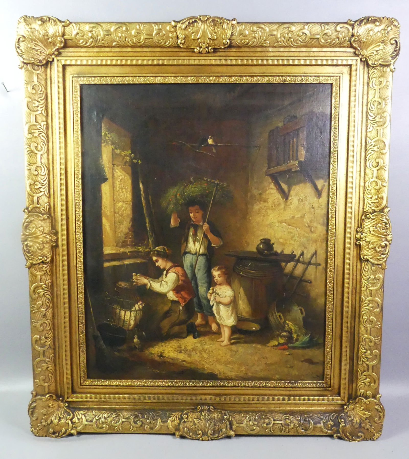 ANTIQUE SIGNED OIL PAINTING - CHILDREN IN BARN: 19th century oil painting on canvas (relined) depicting 3 children in old barn with chickens, birds, etc. Signed A. Leonardi (?) in lower right. 25.5 x 21 in, framed 33.5 x 29 in. (Possibly Achille