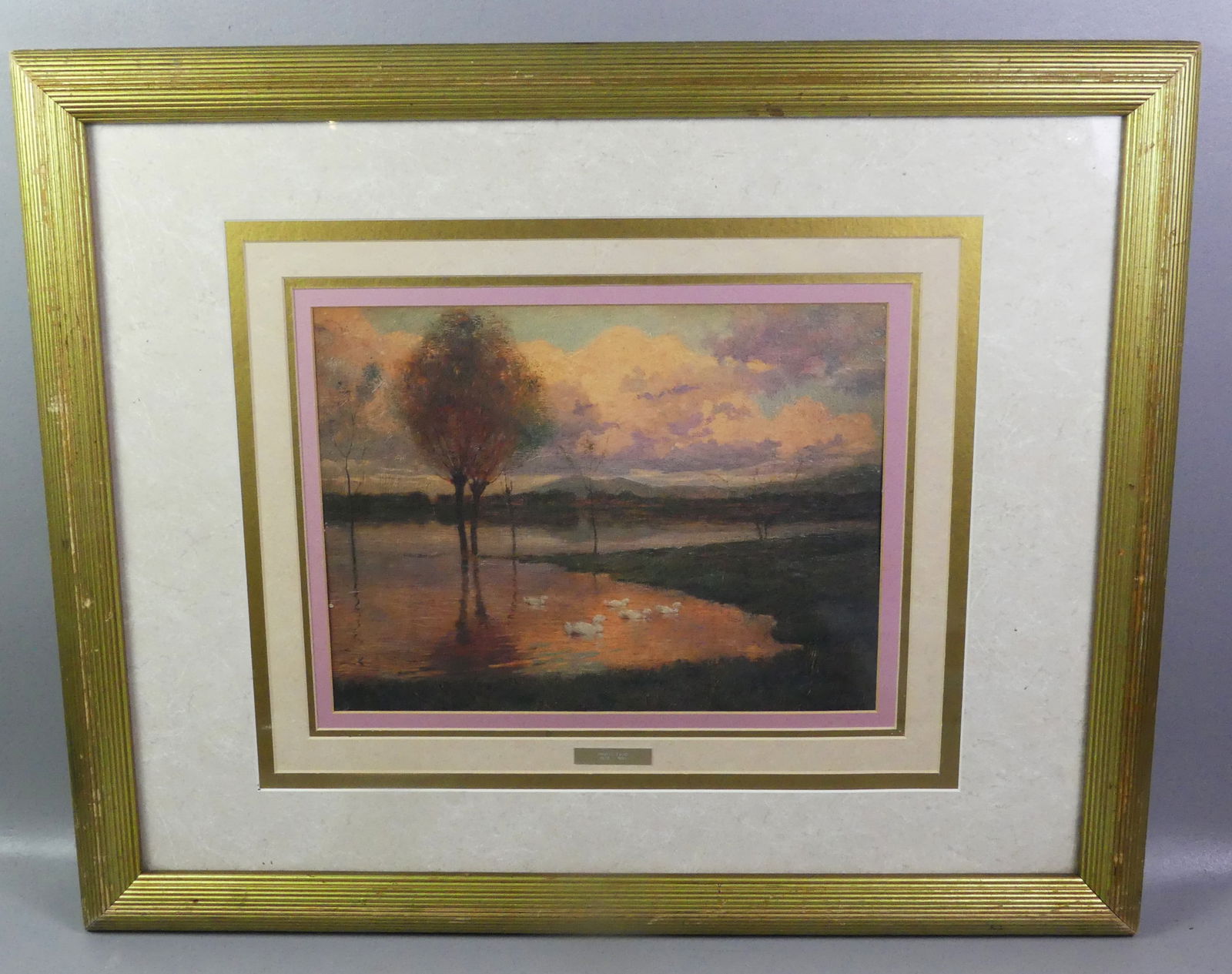 ALBERTO ZARDO PAINTING - DUCKS ON LAKE: Oil painting under glass of a luminous landscape with mountain lake and 5 ducks. Plaque states this is by Alberto Zardo (Italian 1876-1959) but signature not visible on front. 11.5 x 15.5 sight size,