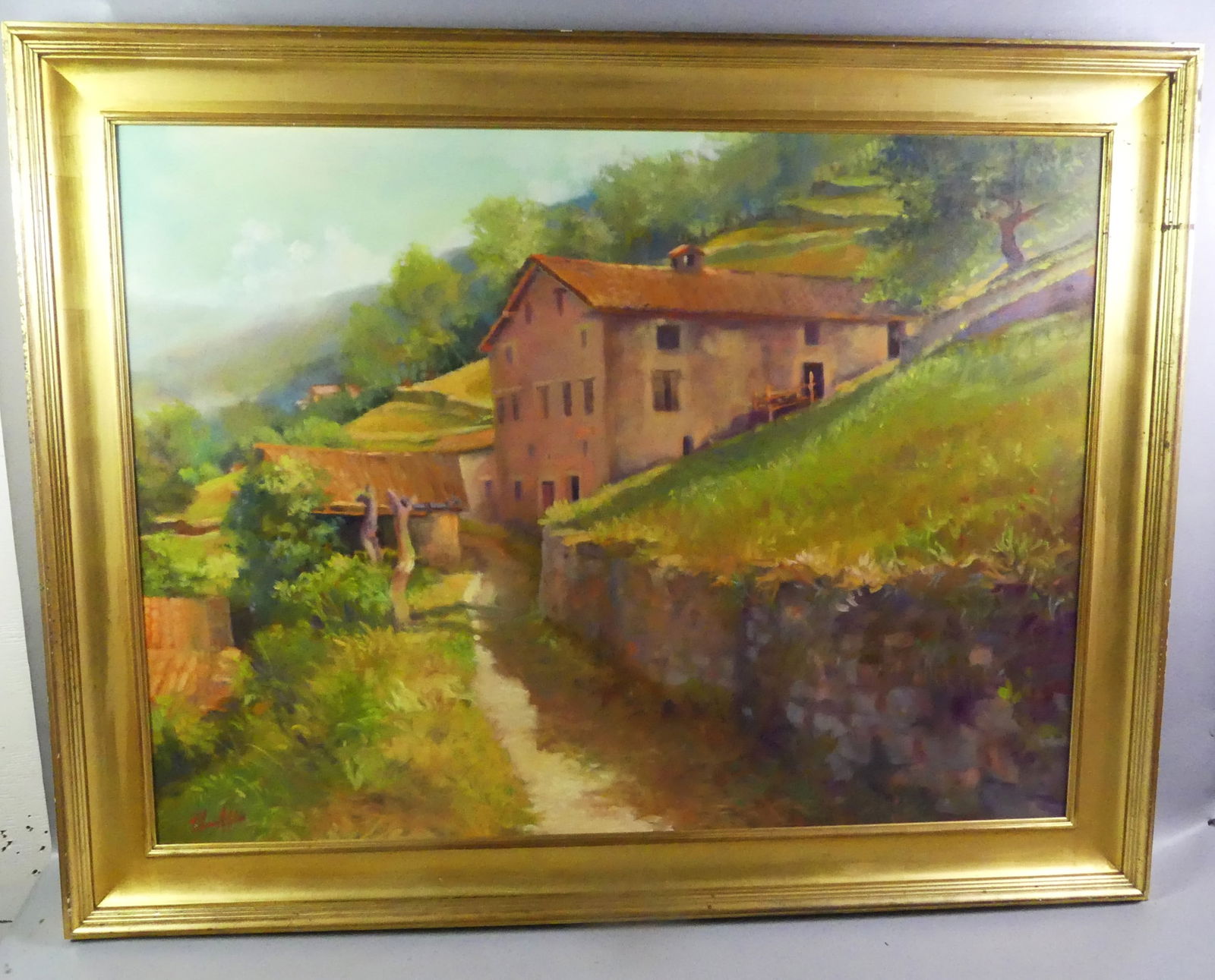 PAINTING OF LAKE COMO ITALY - SIGNED: Large vintage oil painting of old stone farmhouse on hill near Lake Como in Italy, signed indistinctly in lower right and again on back with title --Path du Lago de Como, 2004. 30 x 40 in, framed 36