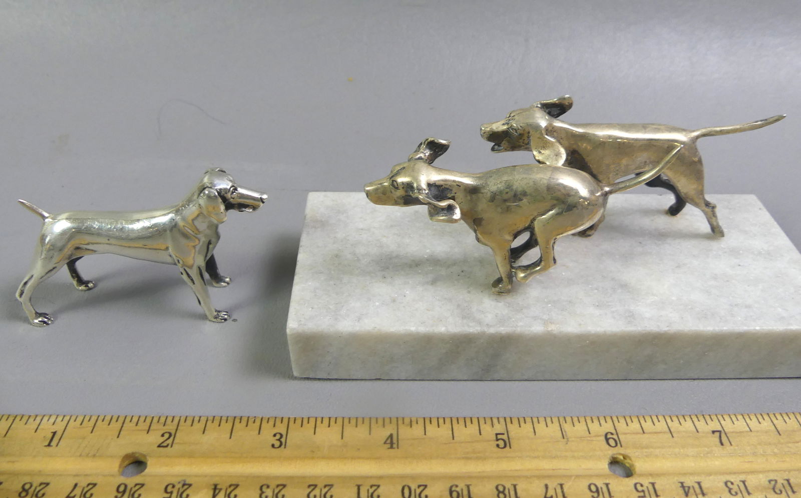 2 KIRK STERLING MINI DOG FIGURES: 2 vintage miniature sterling silver dog figurines from their ANIMAL SPIRITS collection by S. Kirk & Son - 2.5 in Shorthair Pointer; and pair of Brittany Spaniels (#1553 in catalog) mounted on marble