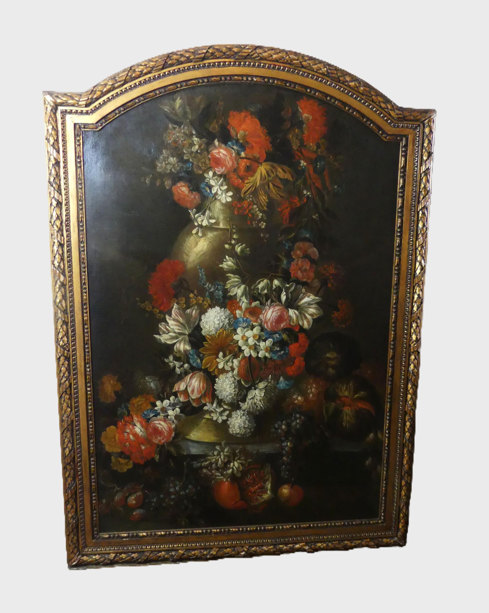 J.B. BOSSCHAERT - LARGE STILL LIFE PAINTING: Large 18th century Baroque floral still life oil painting with fine giltwood frame attributed to Jean Baptiste Bosschaeart (Flemish 1667-1746). 58 x 39 inches, framed 65 x 46 in (relined at one