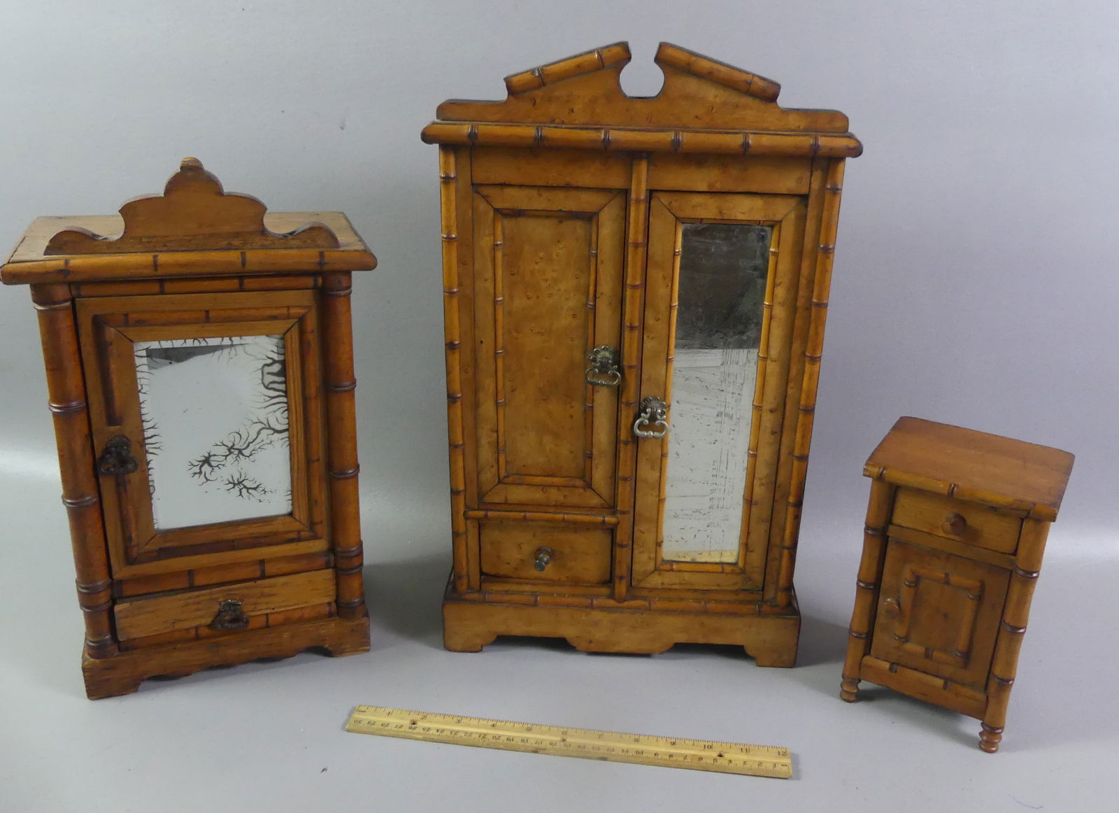 3 PC. BAMBOO MINI FURNITURE SUITE: Lot of 3 pieces of scarce miniature Victorian pine furniture in bamboo style: Probably salesman samples or doll furniture. Includes 18 x 11 x 4.5 inch 2 door armooire with drawer; nightsand with 1