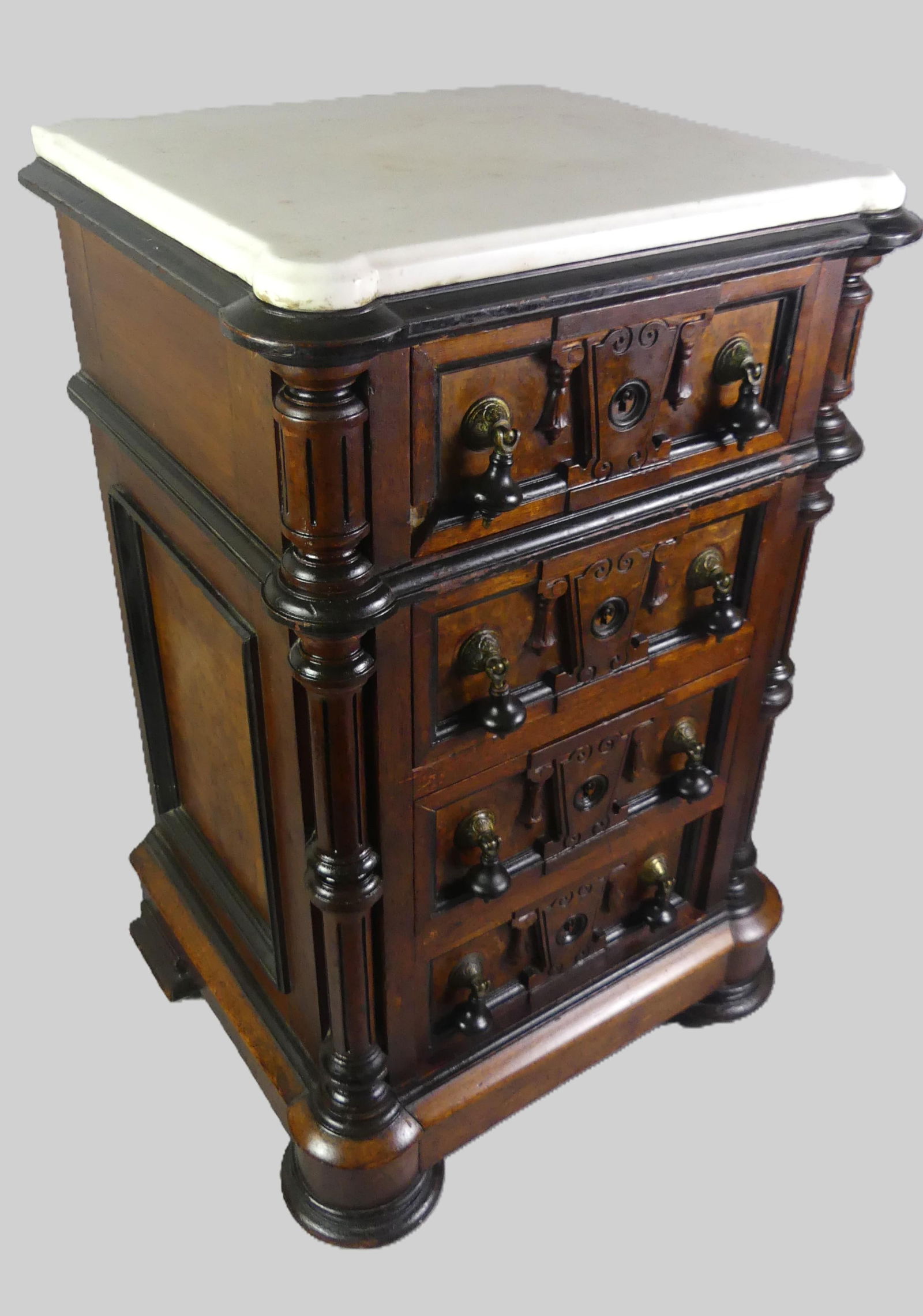 RENAISSANCE REVIVAL HALF COMMODE: Victorian Renaissance Revival walnut 4 drawer half-commode with white marble top. 30 x 18 x 16 in. Small piece of wood missing in corner of top drawer, otherwise VG condition.