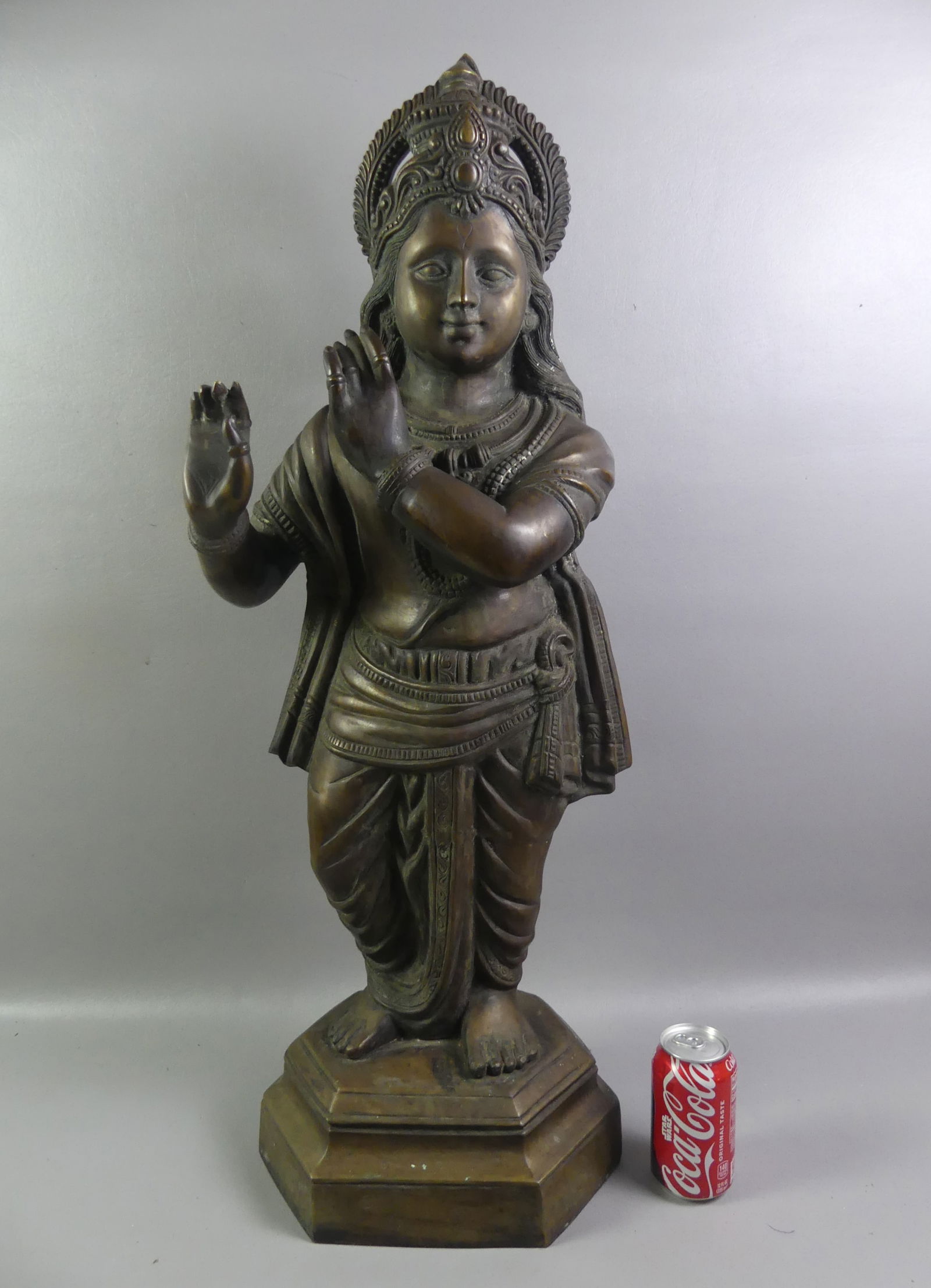 3 FT. BRONZE HINDU GODDESS: Large old (mid 20th century) bronze figure of a Hindu goddess. 35 in tall x 11 x 8. Unsigned. NOTE: We can ship this item in-house.