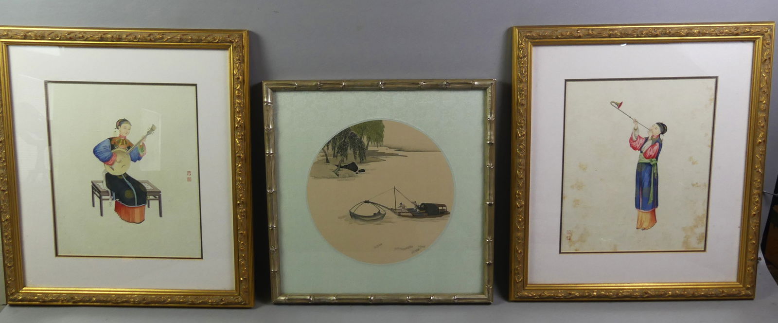 3 CHINESE WATERCOLOR PAINTINGS: Lot 3 old Chinese watercolor paintings: Pair of women playing instruments, signed, 12 x 9 in and 19 x 17 in framed; Circular painting of Asian fisherment, unsigned, 10 in diameter, 15 x 15 in framed.