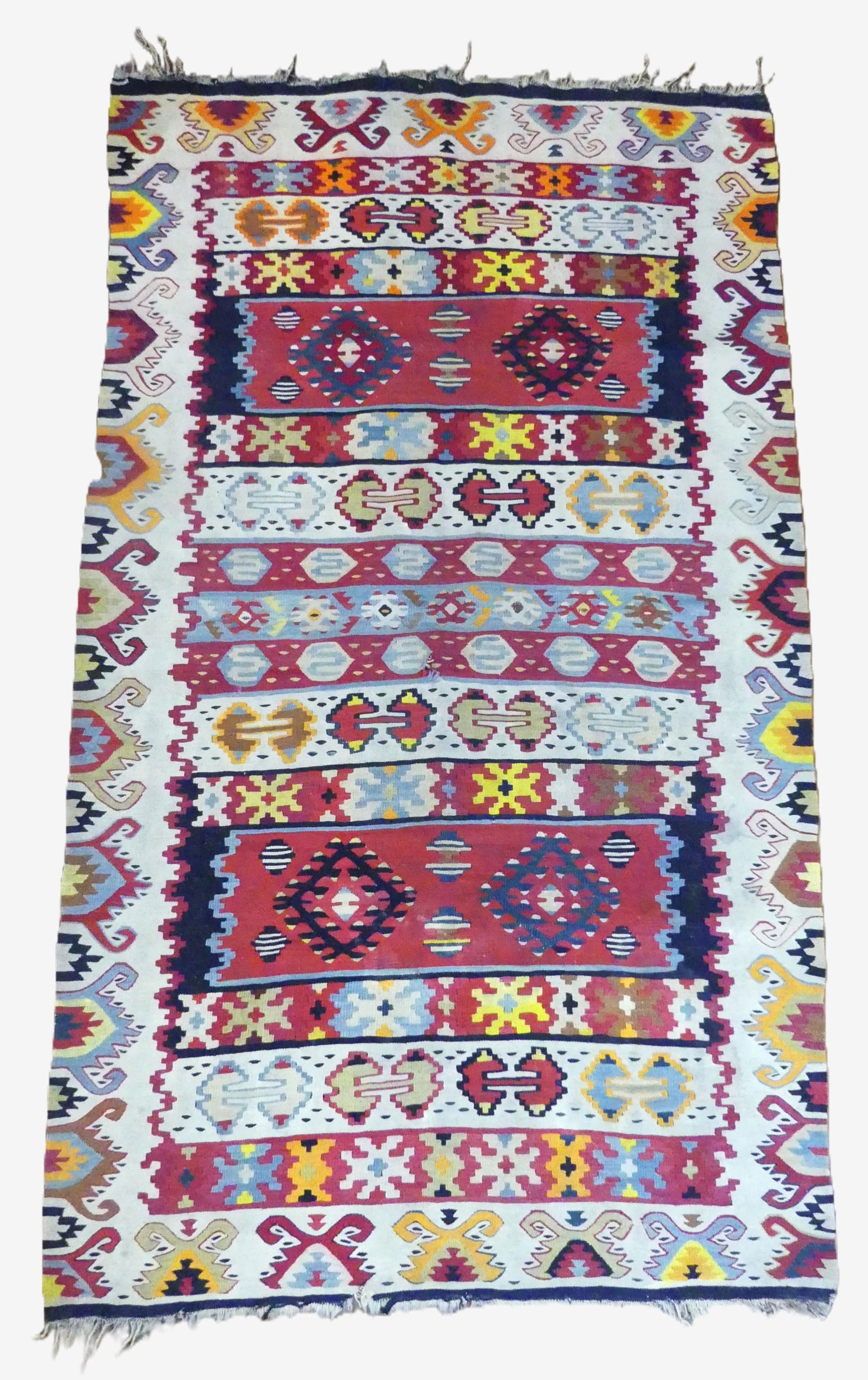 OLD KILIM FLAT WEAVE SCATTER RUG: Colorful old Kilim flat weave scatter rug, 5 ft 3 by 3 ft. Good condition. NOTE: We can ship this item in-house.