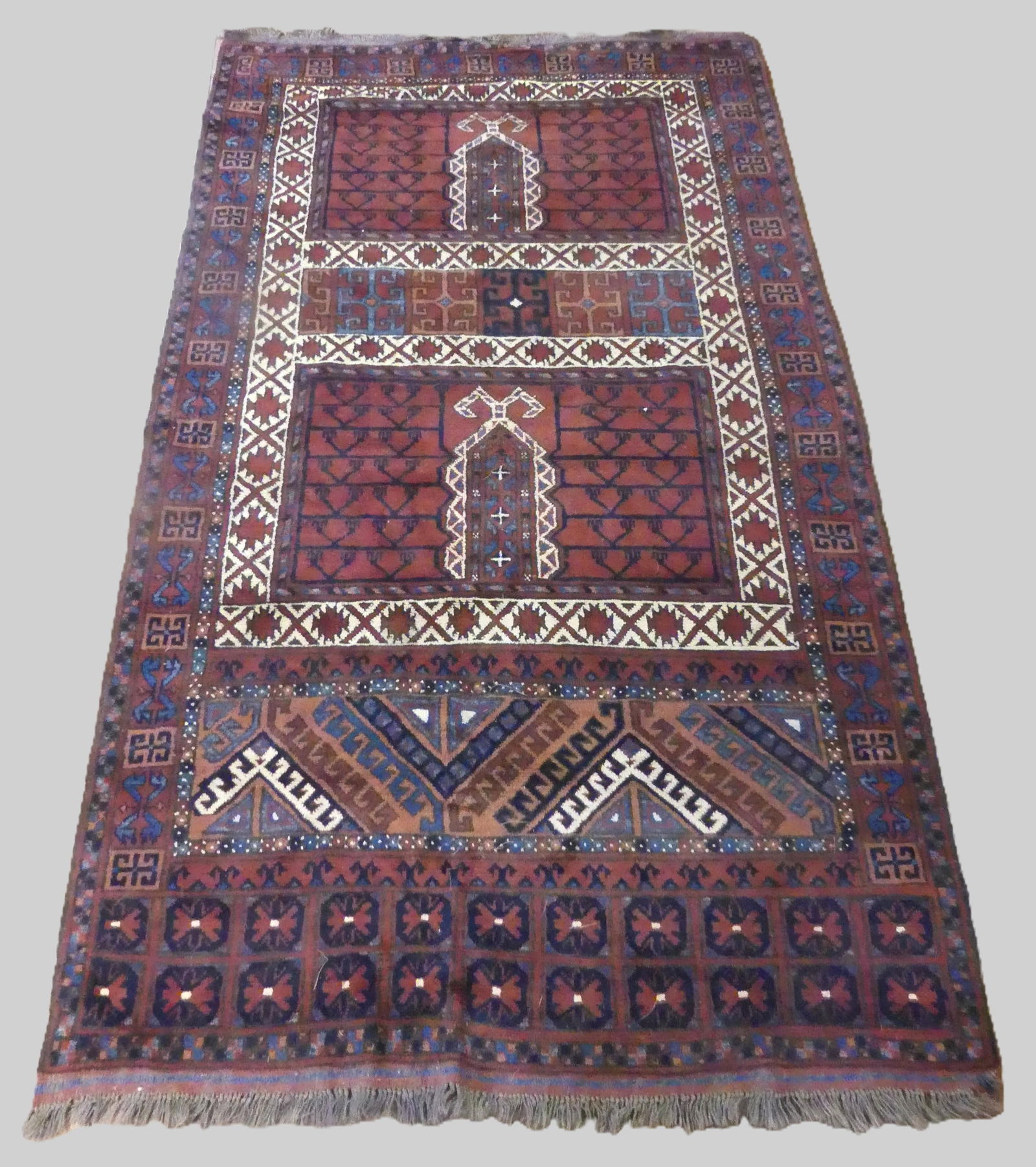 OLD AFGHAN TRIBAL SCATTER RUG: Old Afghan tribal rug in brown and white colors with double-box design, 4 ft 6 x 7 ft 8 in. Good overall condition.