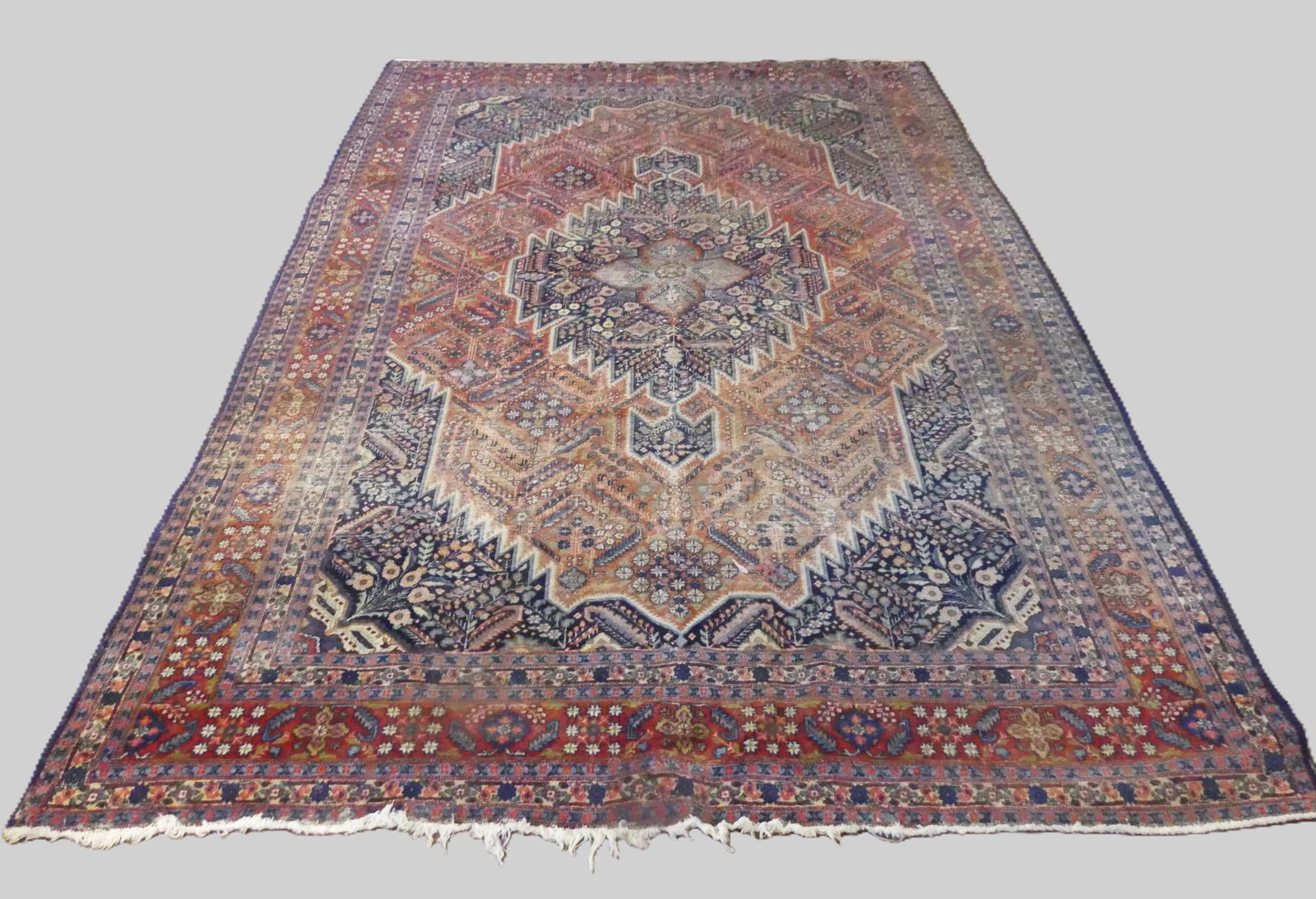 VINTAGE KASHAN ROOM SIZE RUG: Old, elaborate Kashan (Senneh?) scatter rug with high knot count, 7 ft 9 x 11 ft 3 inches. Has flowering tree pattern. Good overall condition with scattered light wear.