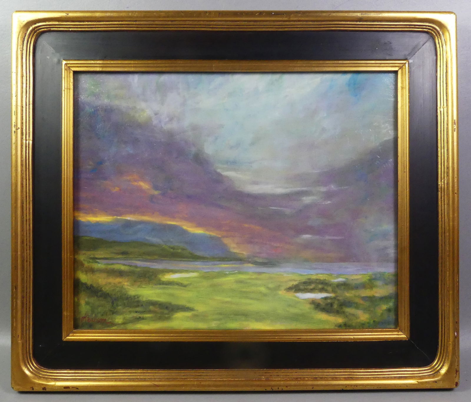 M. PEARSON - LUMINIST LANDSCAPE PAINTING: Oil painting on masonite of a luminist landscape over an ocean inlet signed M. Pearson. 16 x 20 in, framed 22.5 x 26 in. NOTE: We can ship this item in-house.