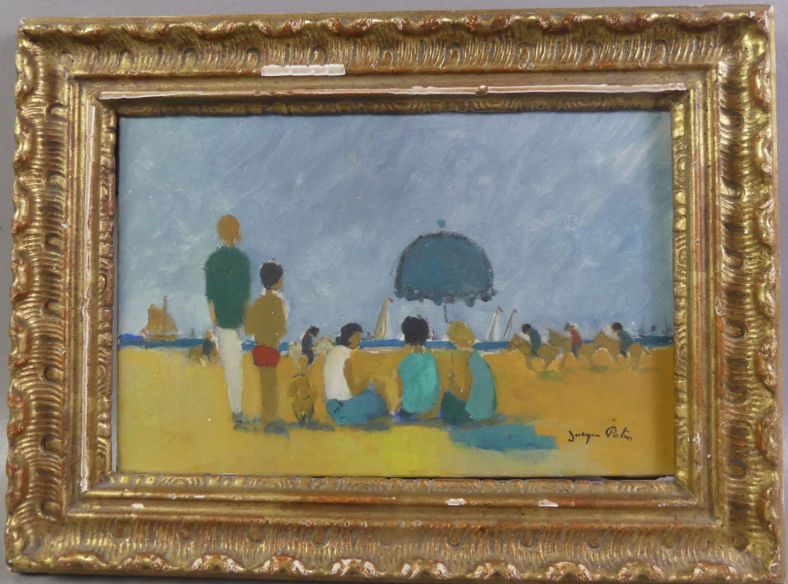 J. POTIN PAINTING - BEACH SCENE: Oil painting on canvas of an abstract beach scene signed J. Potin 1964. Titled Deauville verso. 9 x 13 in, framed 13 x 17 in. (Potin, French artist b. 1920). Good condition, few chips to frame. NOTE: