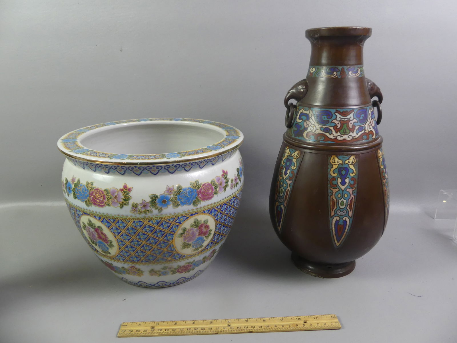 2 ASIAN ITEMS: GOLDFISH BOWL & CHAMPLEVE VASE: Lot of 2 Asian items: Old champleve bronze vase with elpehant ringed handles, 16 in tall (was lamp base); and colorful vintage goldfish planter bowl with koi and floral and lattice designs. 12 in by
