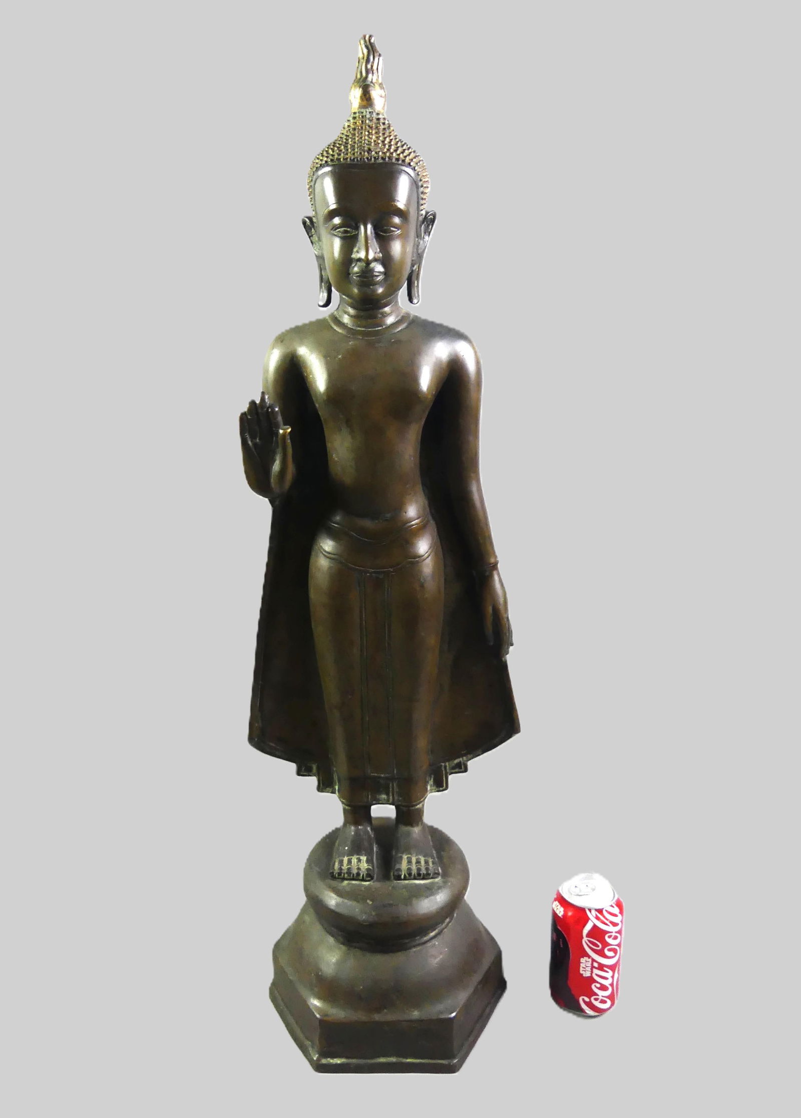 LARGE BRONZE ASIAN BUDDHA STATUE: Large old bronze stature of Buddha attr. Indonesian. 33 in tall, weighs 35 lbs. NOTE: We can ship this item in-house.