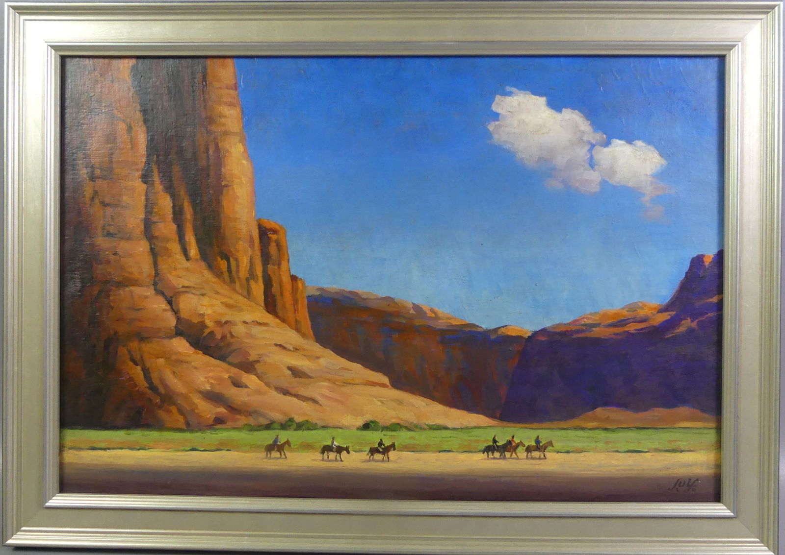 WESTERN SCENE PAINTING - 5 RIDERS BY YARDLEY: Oil painting on canvas of 6 figures on horseback in the Southwest initialed PY (Philip Yardley) with title verso OUR TRIP WEST, 1950. 17.5 x 26 in, framed 20.5 x 29 in. NOTE: We can ship this item