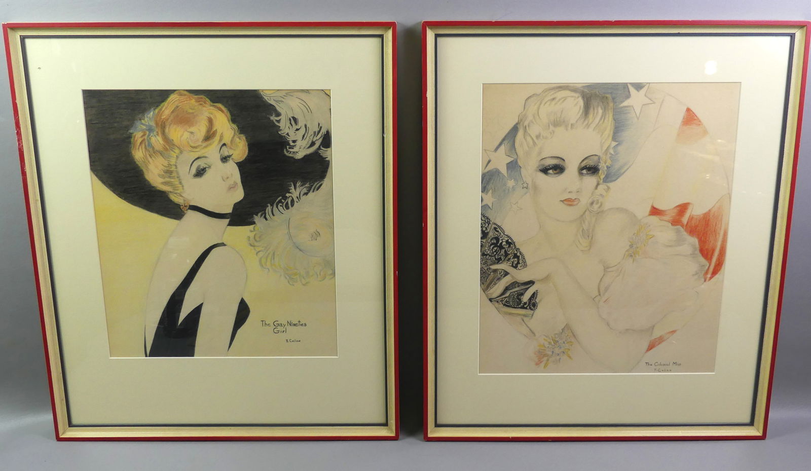 PAIR PORTRAIT PAINTINGS BY CALLAN: Pair of mixed media drawings titled GAY NINETIES GIRL and THE COLONIAL MISS, both signed F. Callan. 14.5 x 12.5 in, framed 22.5 x 19 in. NOTE: We can ship this item in-house.
