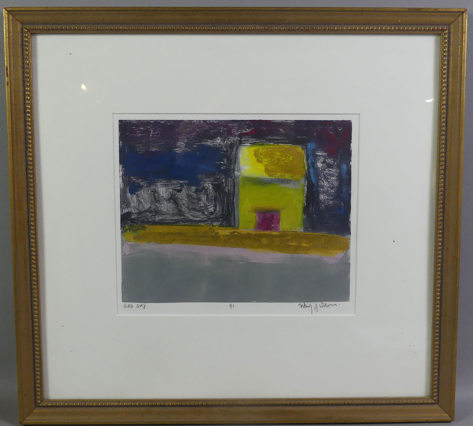 WENDY WELDON PAINTING OF BARN: Mixed media abstract painting of a barn titled Red Sky 1/1 signed lower right Wendy Weldon. 8.5 x 10 in, framed 18 x 19 in. (Weldon is 20th century American abstract artist). NOTE: We can ship this it