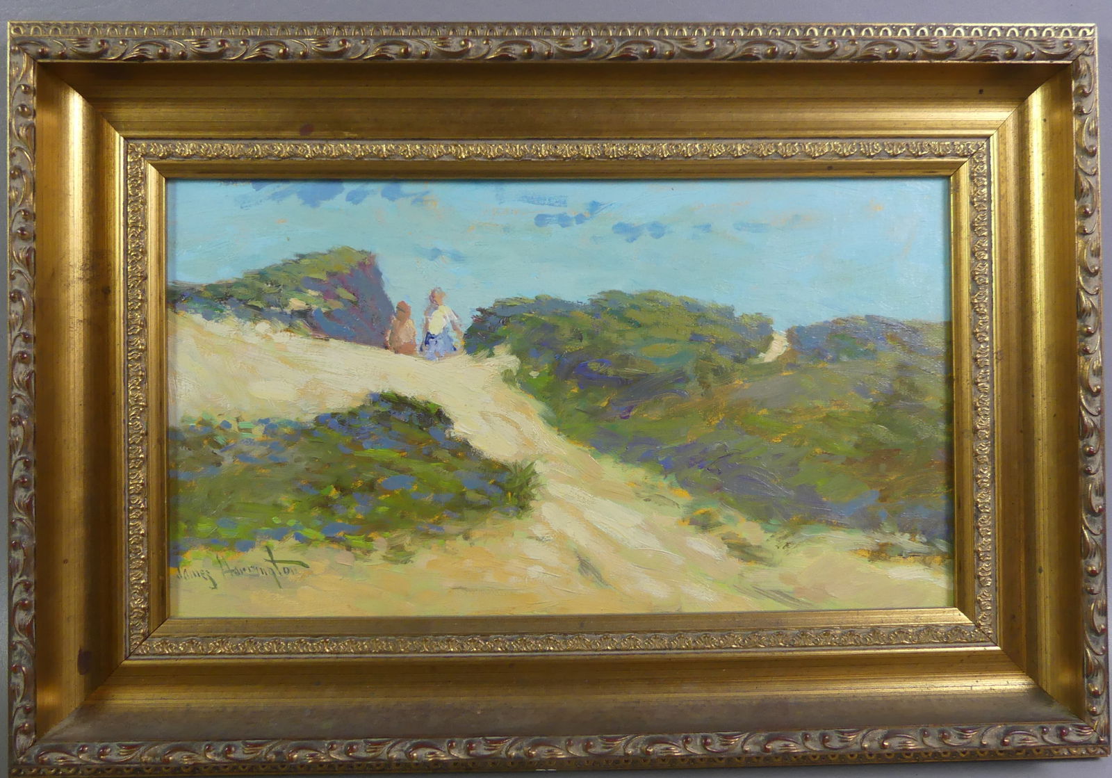 JAMES HARRINGTON PAINTING - NANTUCKET DUNES: Oil painting on canvas of Nantucket Dunes with 2 figures signed James Harrington. 8 x 14 in, framed 12.5 x 18.5 in. (James Harrington b. 1929, member of American Society of Marine Artists). NOTE: We