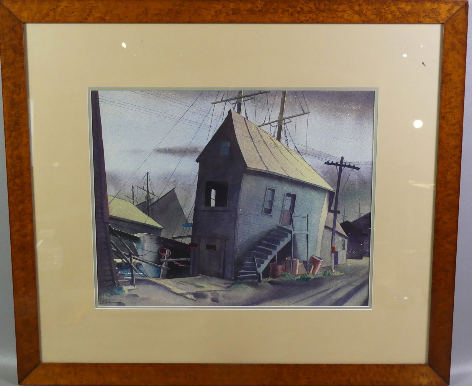 PAINTING OF HARBOR SHACK - SIGNED: Old watercolor painting of a harbor with large shack signed Saul ----. 15 x 19 in, birdseye maple frame 26.5 x 30.5 in. NOTE: We can ship this item in-house.
