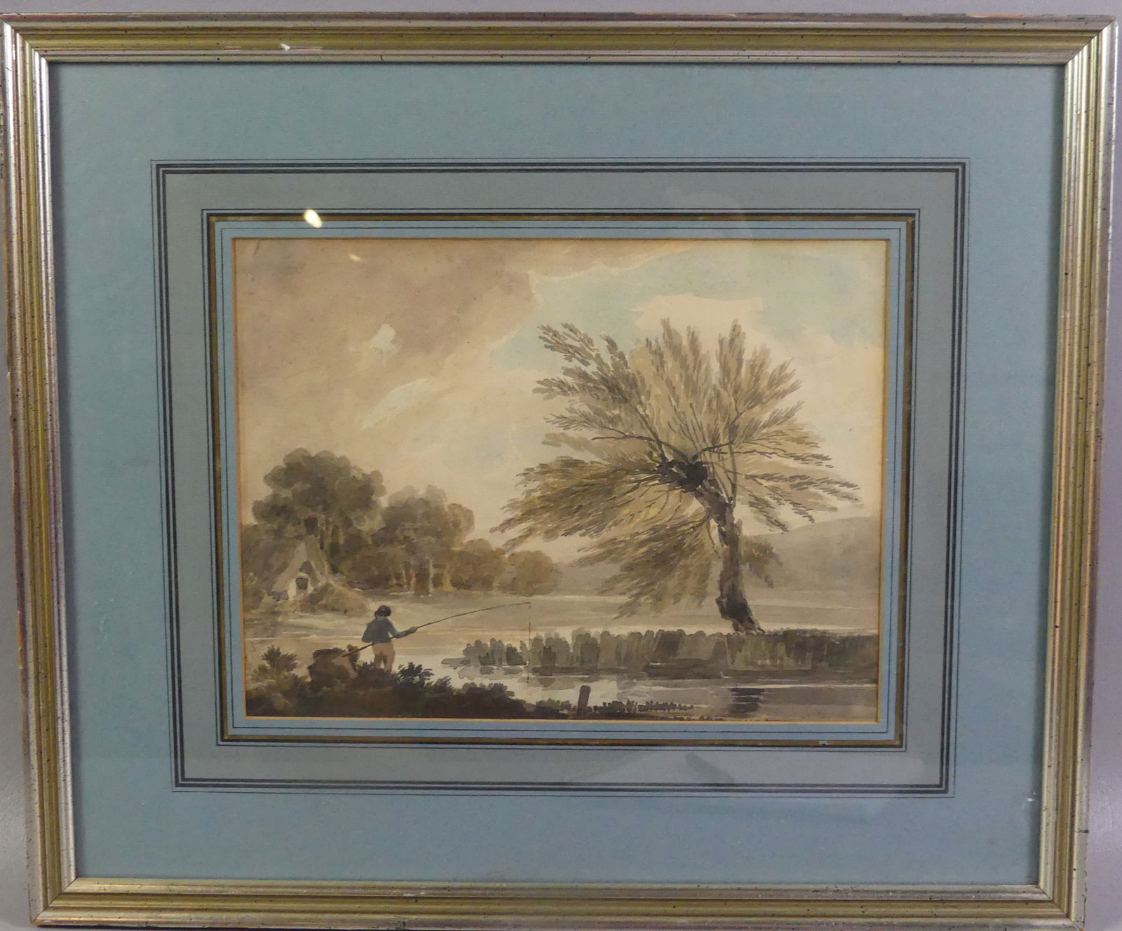 GEORGE SAMUEL WATERCOLOR OF FISHERMAN: 19th century English watercolor painting of man fishing in pond, attributed to George Samuel ca. 1810. 8.5 x 11.25 in, framed 16.5 x 19 in. NOTE: We can ship this item in-house.