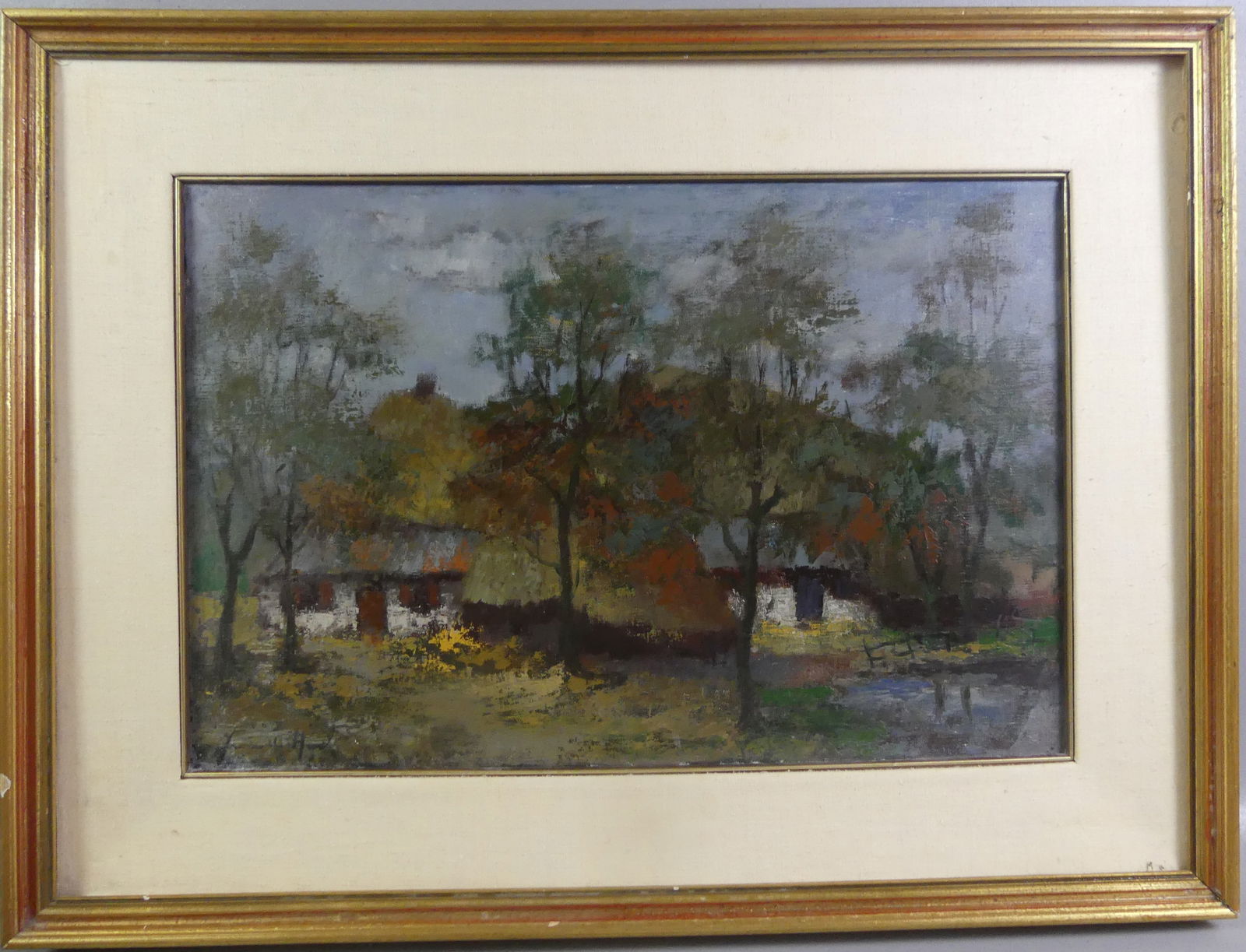 IMPRESSIONIST LANDSCAPE PAINTING - SIGNED: Old impressionist oil painting on canvase of landscape with cottages, signed indistinctly in lower left. 16 x 24 in, framed 24 x 32 in. NOTE: We can ship this item in-house.