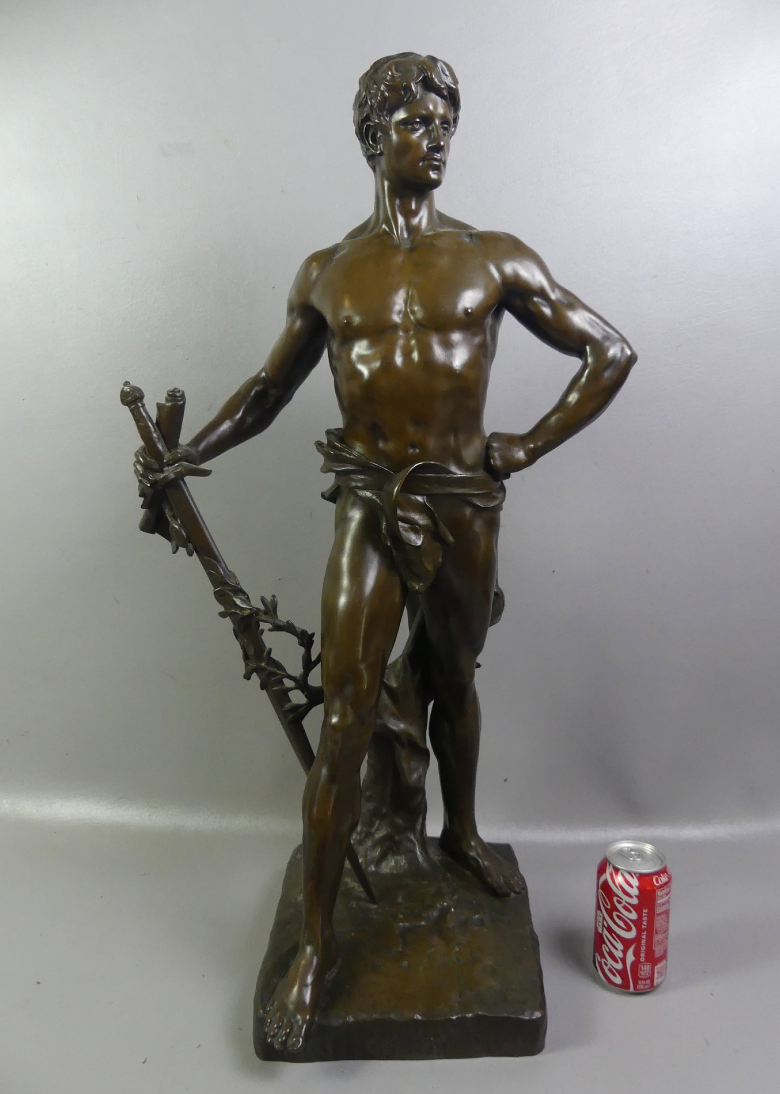 E. MARIOTON BRONZE WARRIOR - 30 INCH: Large, handsome 19th century French bronze sculpture of a semi-nude warrior with sword, titled on front --La Force Protegeant Le Droit (The Force protecting the Law). Signed E. Marioton with foundry m