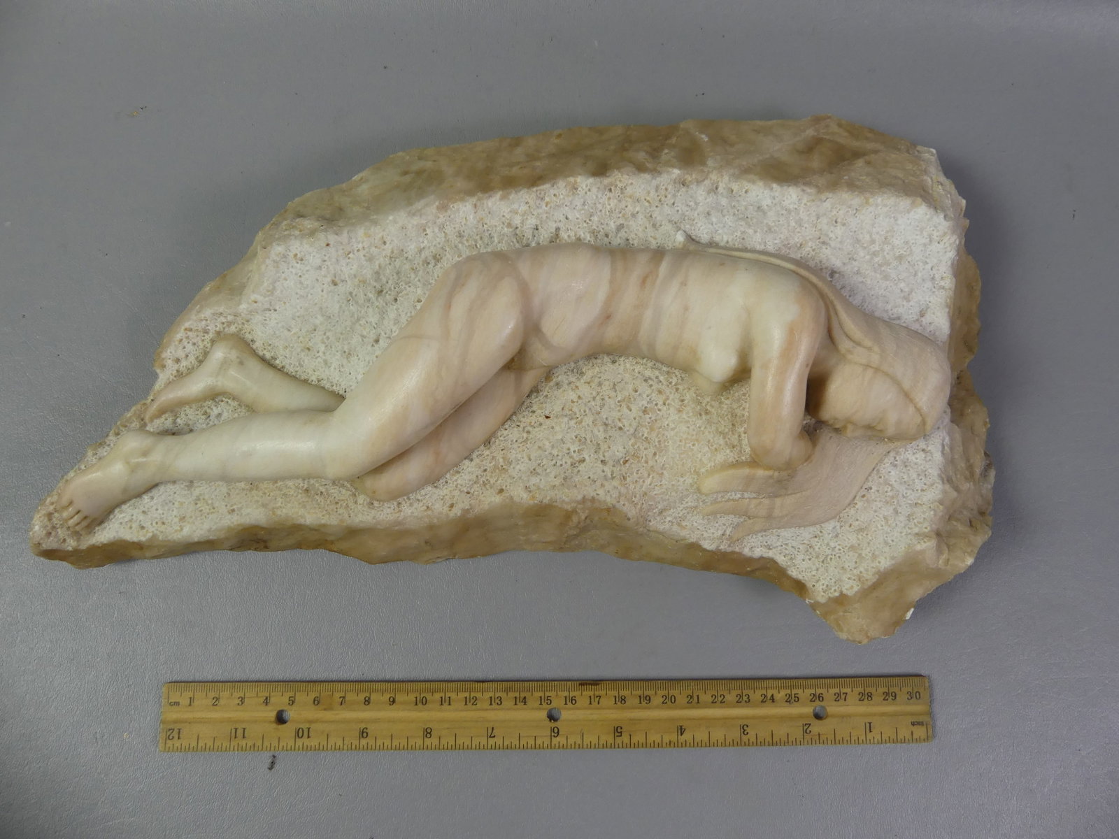M. GRESSEL MARBLE SCULPTURE - NUDE: Antique carved marble sculpture of a sleeping nude woman signed M. Gressel. 15 in long x 7.5 x 4 high. (Michael Gressel was a German sculpture 1902-2000). Note: We can ship this in-house.