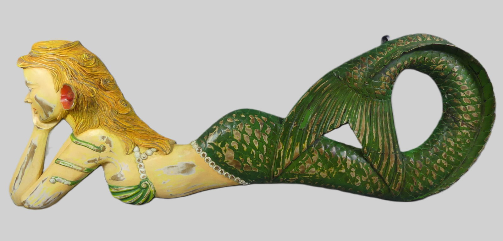 5 FT. CARVED WOOD MERMAID PLAQUE: Large carved and painted wood wall plaque of a mermaid. 58 in long x 21 h x 4 in deep. Note: We can ship this in-house but will be oversized and need custom box.