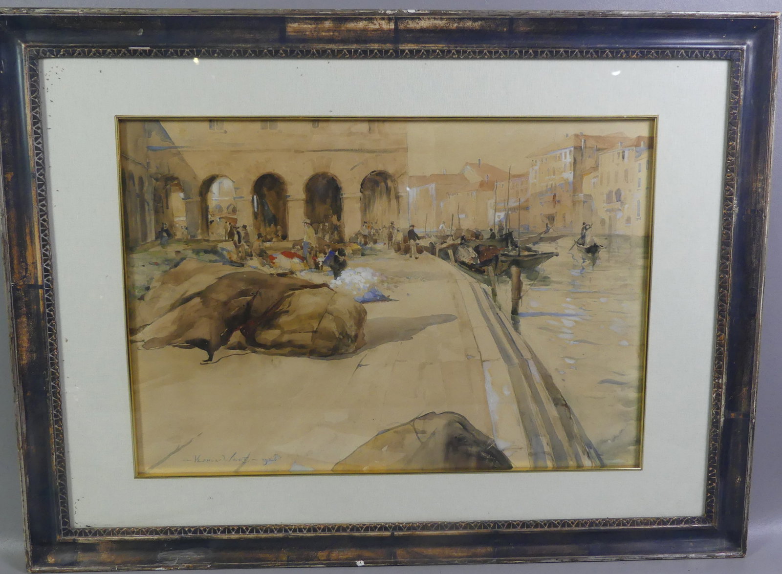 VERNON WARD 1926 VENETIAN CANAL PAINTING: Watercolor painting of a Venetian canal scene with many figures signed Vernon Ward 1926. 15 x 21 sight, 23 x 31 in overall. (Vernon Ward 1905-1985 UK artist). NOTE: We can ship this item in-house.