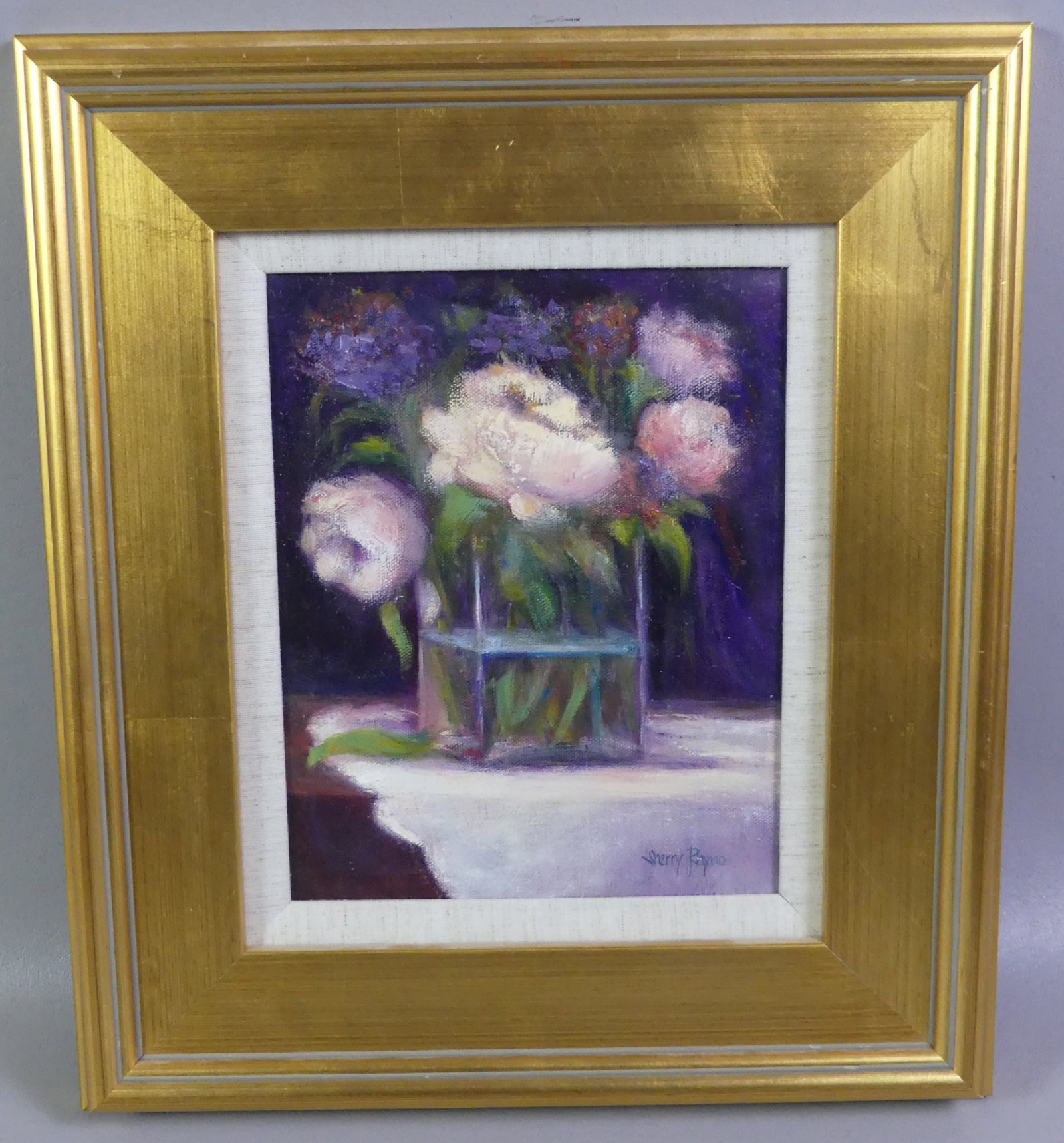 SHERRY RAYNO - FLORAL STILL LIFE PAINTING: Modern oil painting on canvas, still life in square vase signed Sherry Rayno and titled verso --Flowers for My Friend. 10 x 8 in, framed 16 x 14 in. Note: We can ship this in-house.